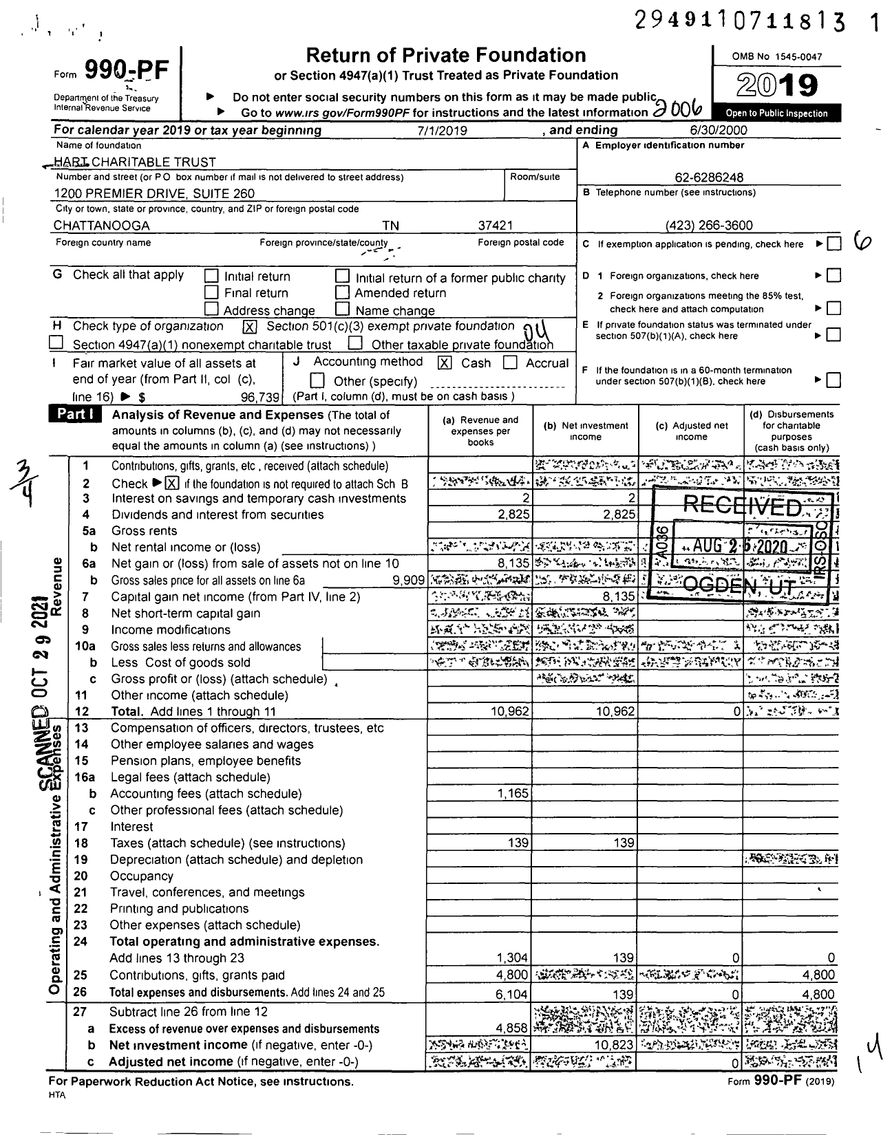 Image of first page of 2019 Form 990PF for Hart Charitable Trust