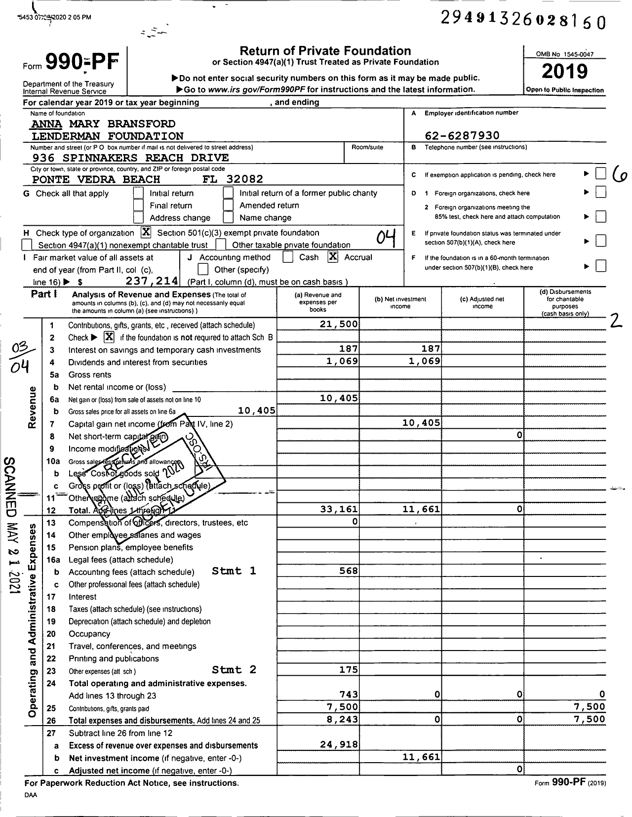 Image of first page of 2019 Form 990PF for Anna Mary Bransford Lenderman Foundation