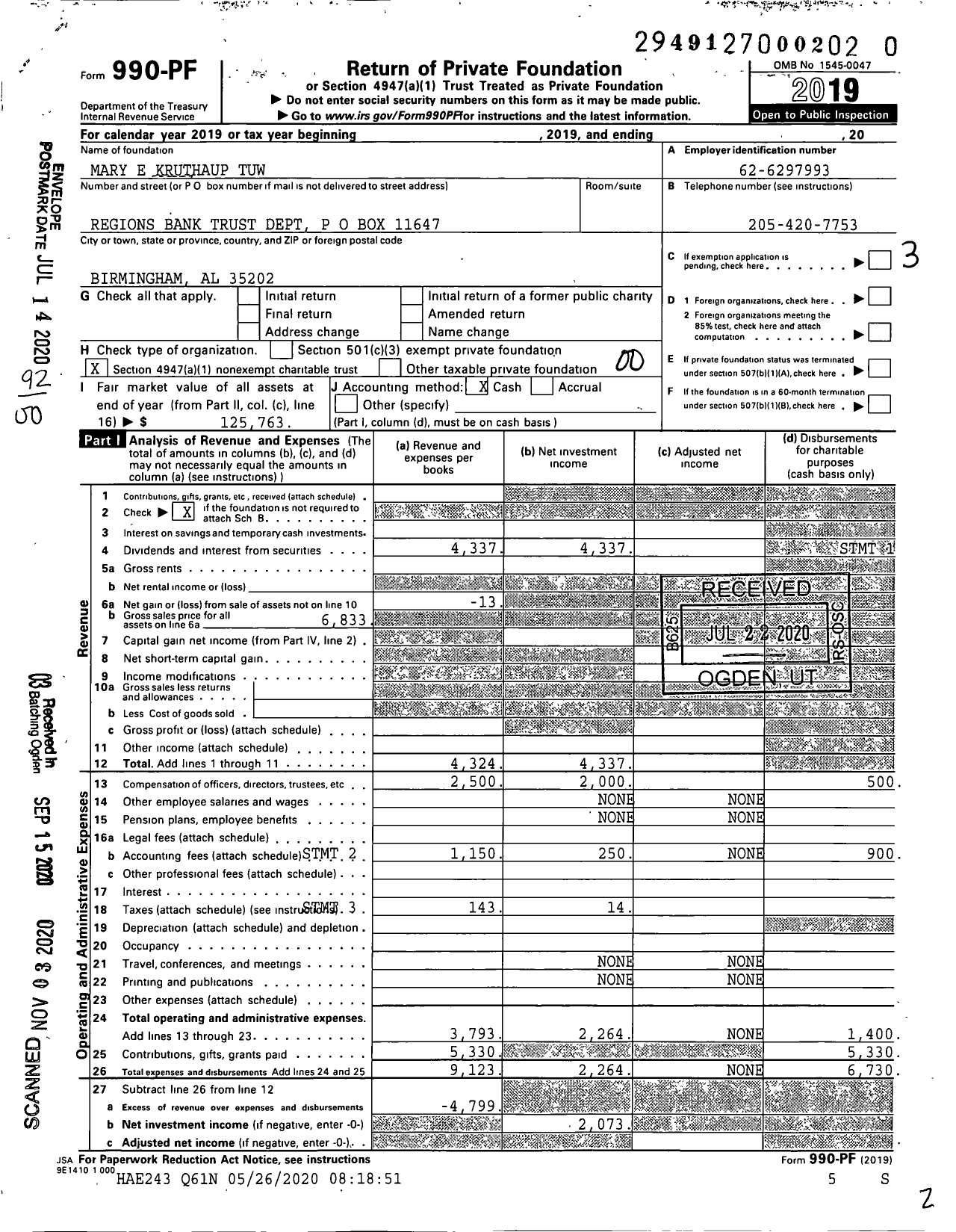 Image of first page of 2019 Form 990PF for Mary E Kruthaup Tuw