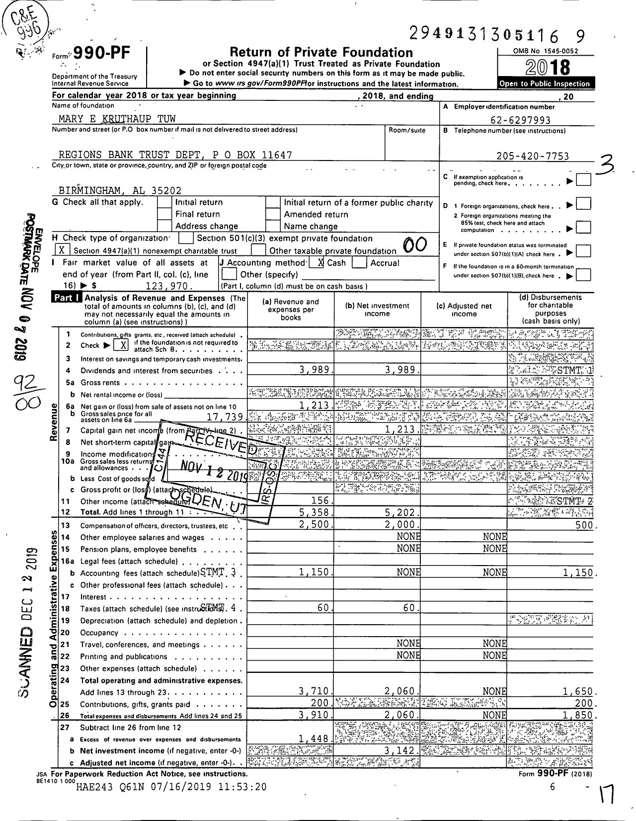 Image of first page of 2018 Form 990PF for Mary E Kruthaup Tuw