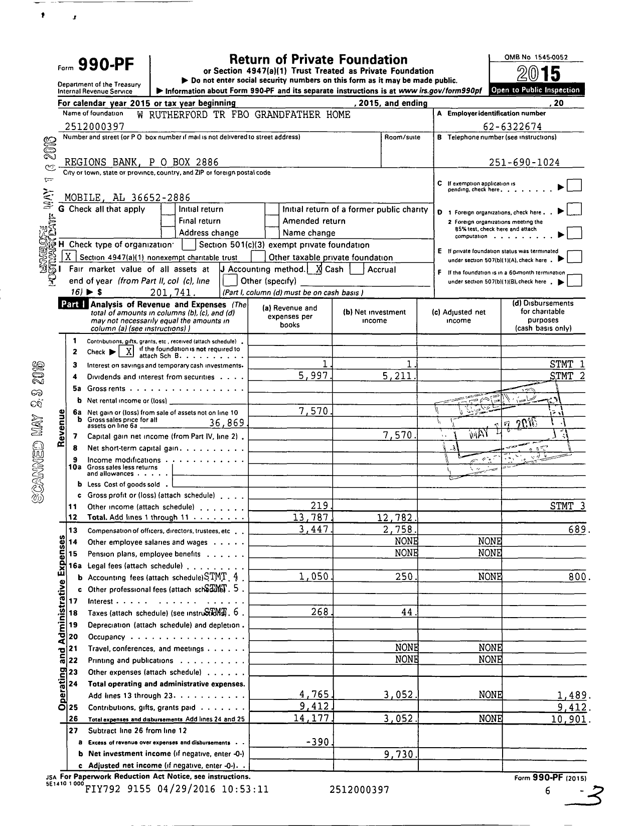 Image of first page of 2015 Form 990PF for W Rutherford TR Fbo Grandfather Home