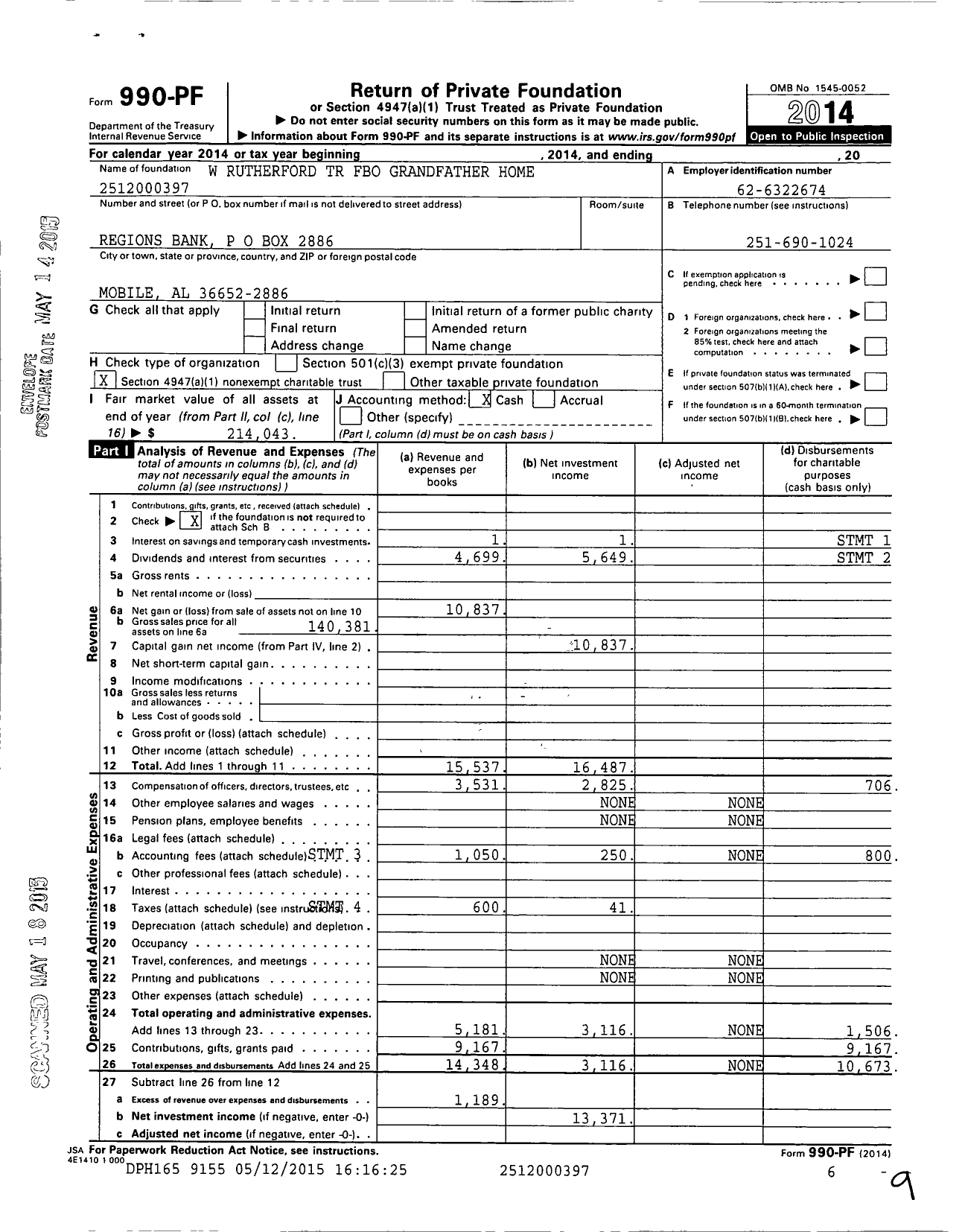 Image of first page of 2014 Form 990PF for W Rutherford TR Fbo Grandfather Home