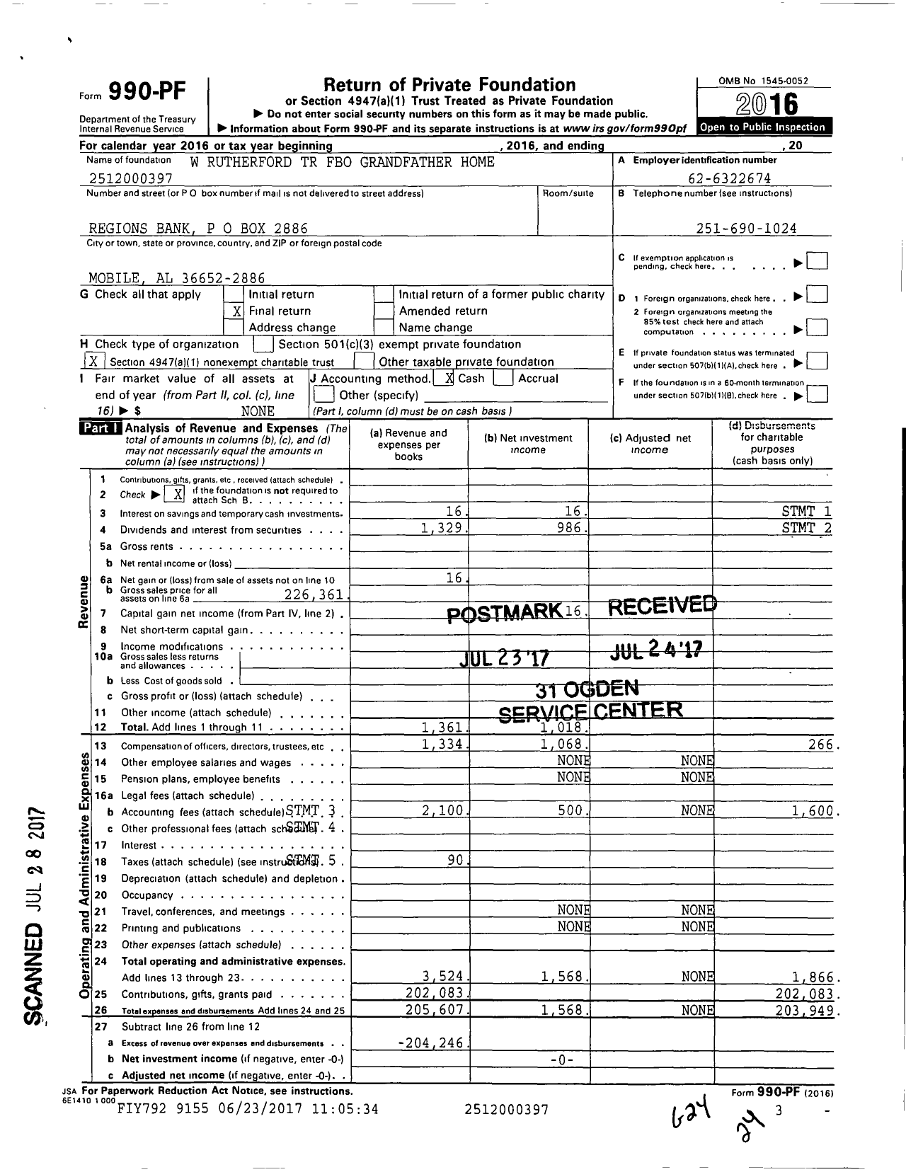 Image of first page of 2016 Form 990PF for W Rutherford TR Fbo Grandfather Home