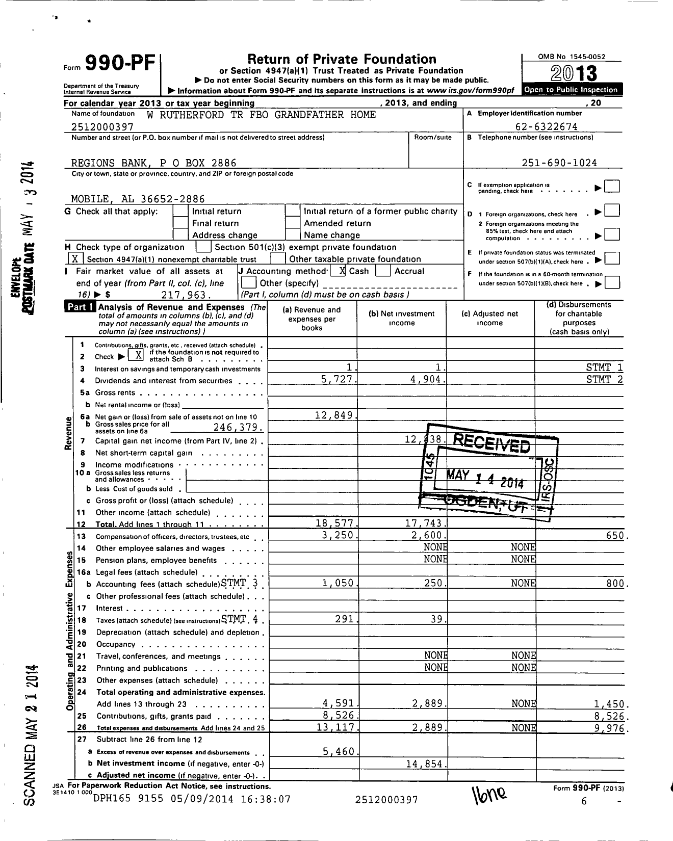 Image of first page of 2013 Form 990PF for W Rutherford TR Fbo Grandfather Home