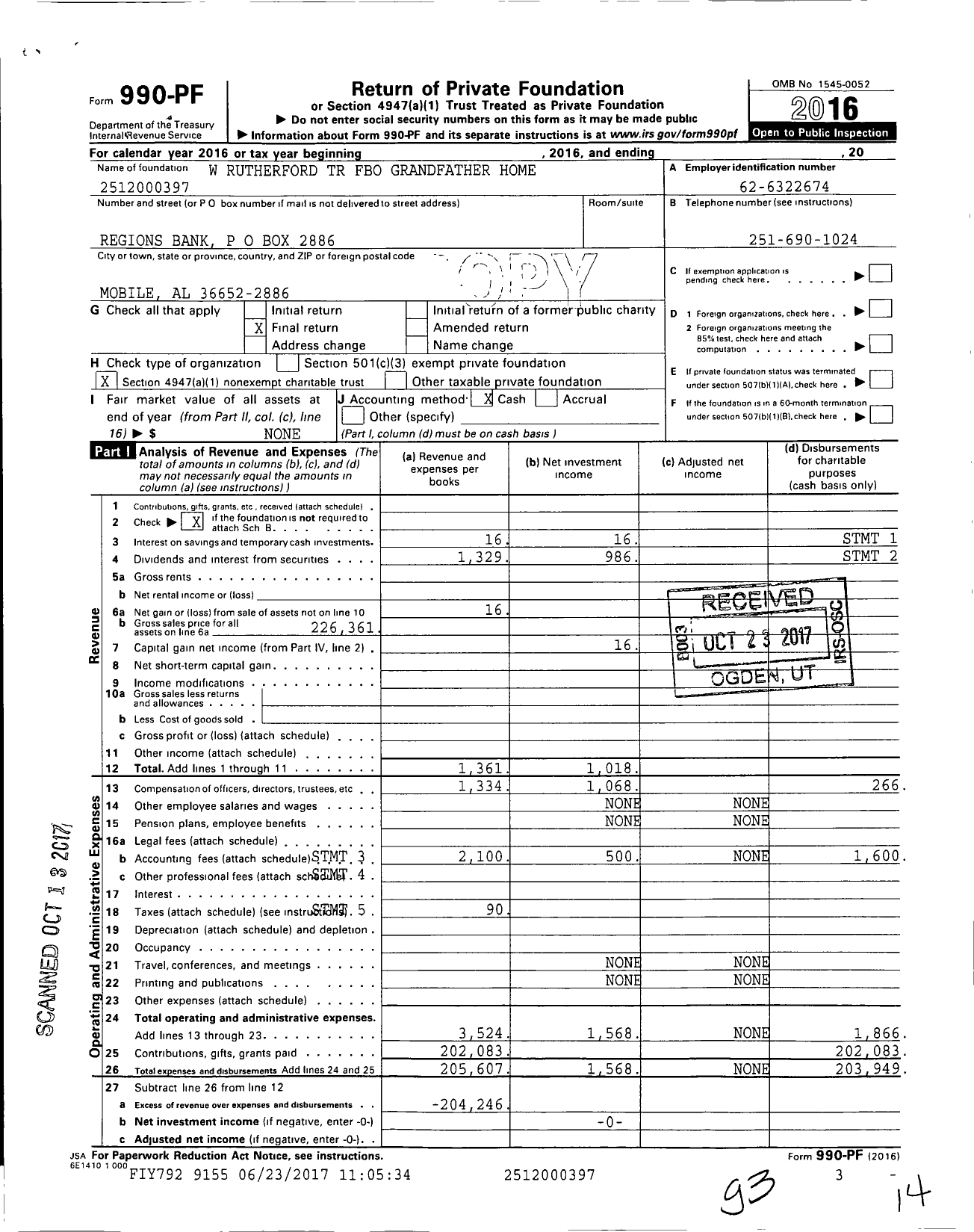 Image of first page of 2016 Form 990PF for W Rutherford TR Fbo Grandfather Home