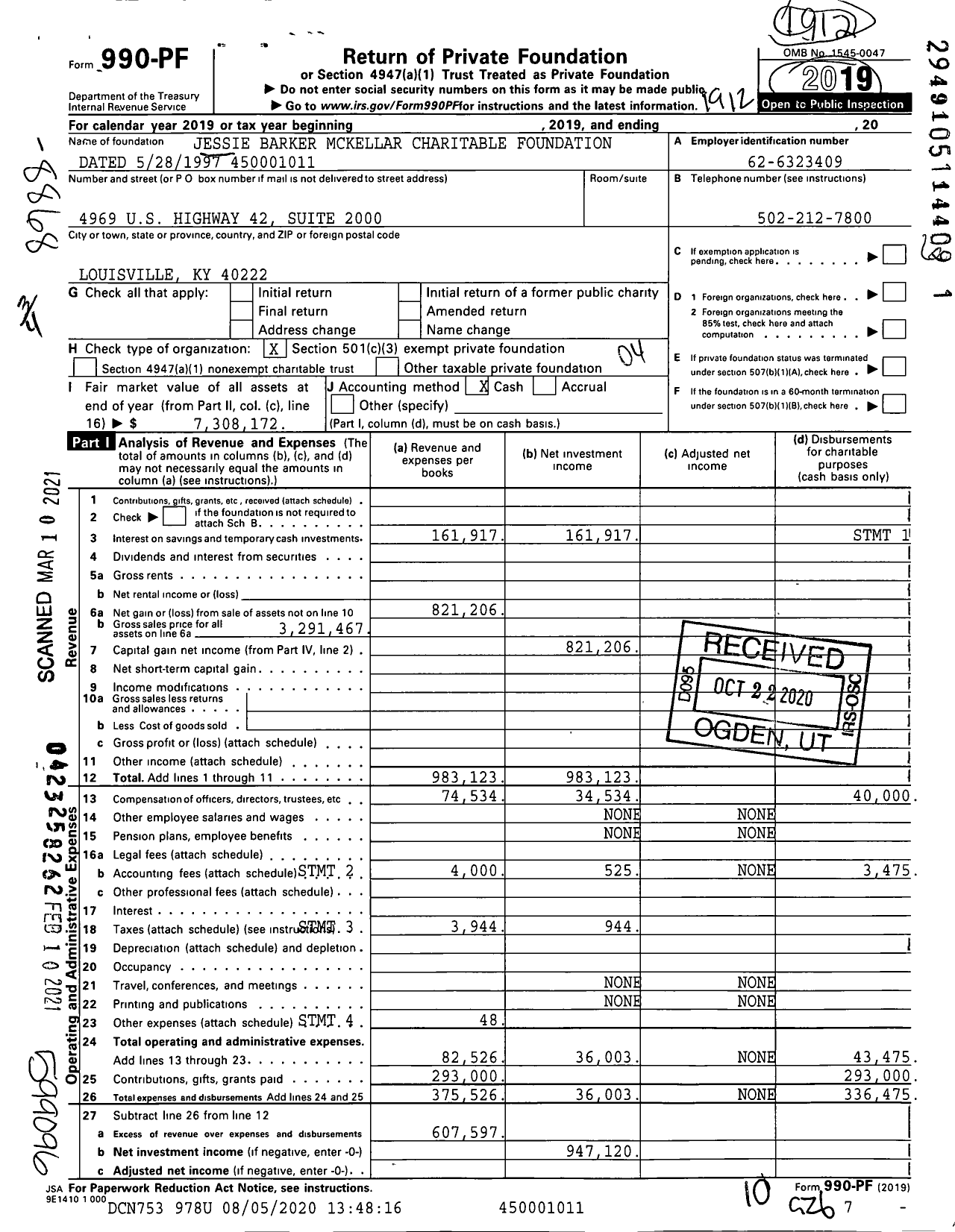 Image of first page of 2019 Form 990PF for Jessie Barker Mckellar Charitable Foundation