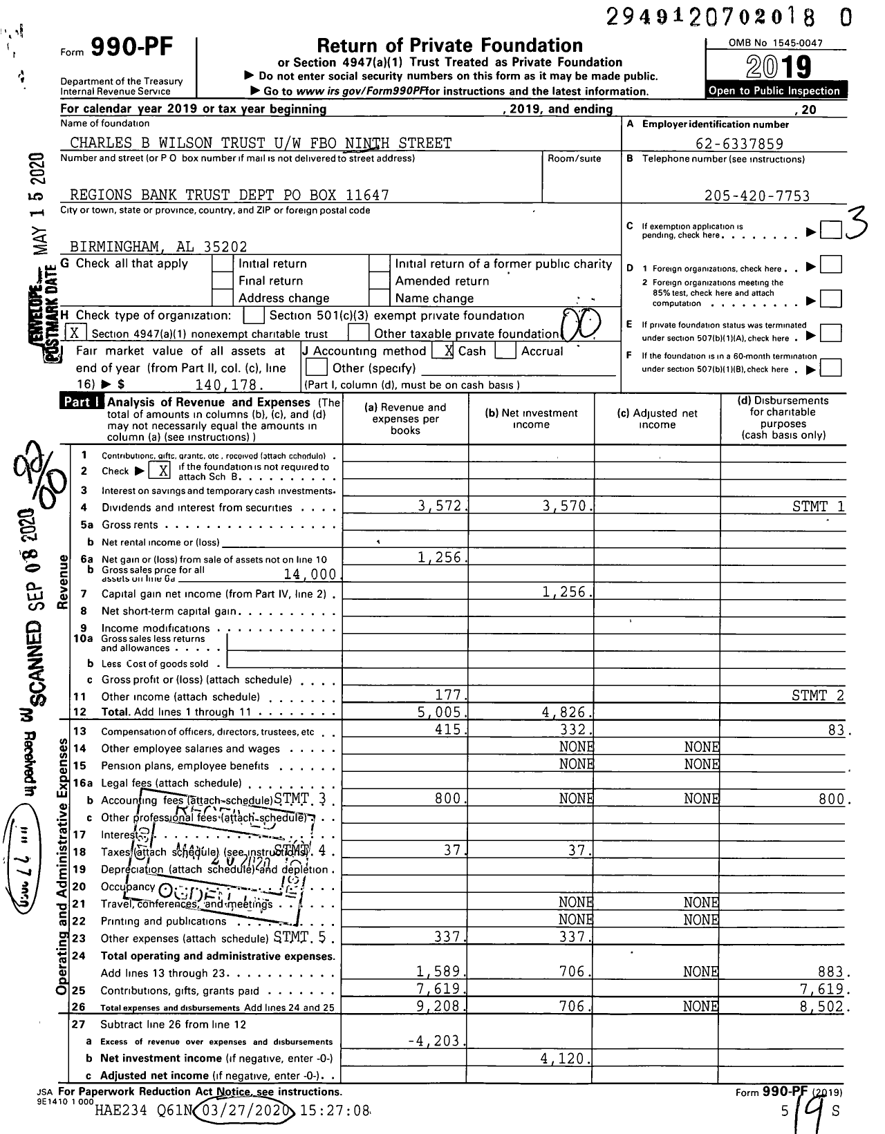 Image of first page of 2019 Form 990PR for Charles B Wilson Trust Uw Fbo Ninth Street