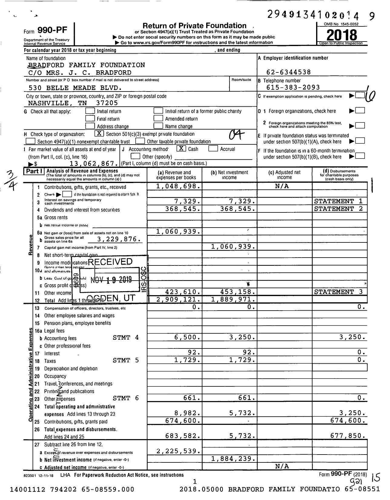 Image of first page of 2018 Form 990PF for Bradford Family Foundation