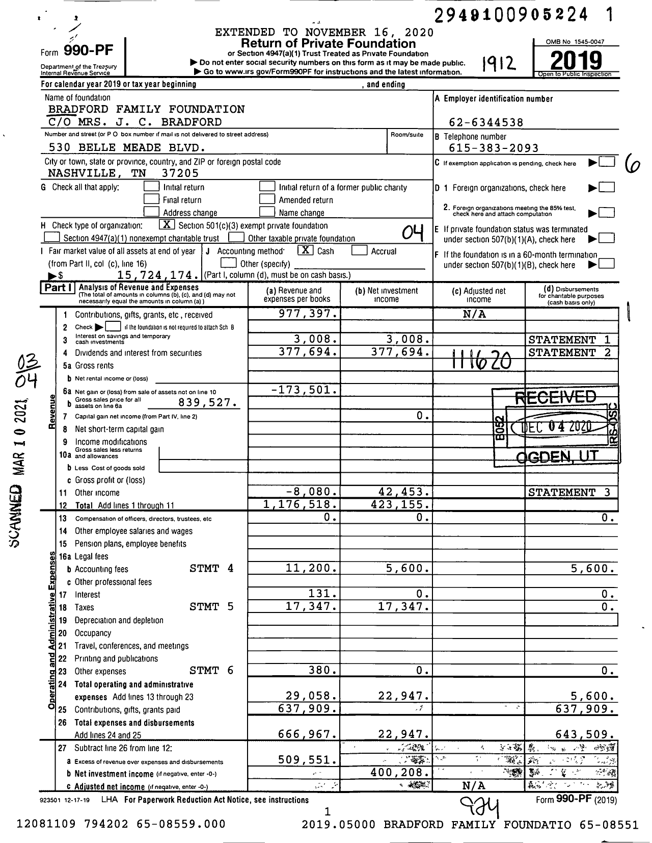 Image of first page of 2019 Form 990PF for Bradford Family Foundation