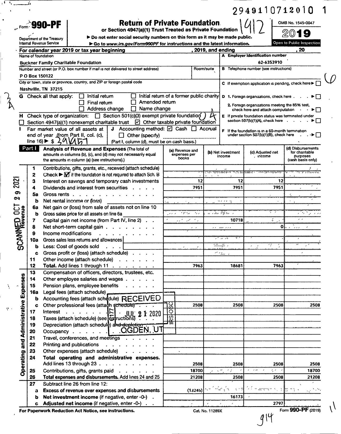 Image of first page of 2019 Form 990PF for Buckner Family Charitable Foundation Trust