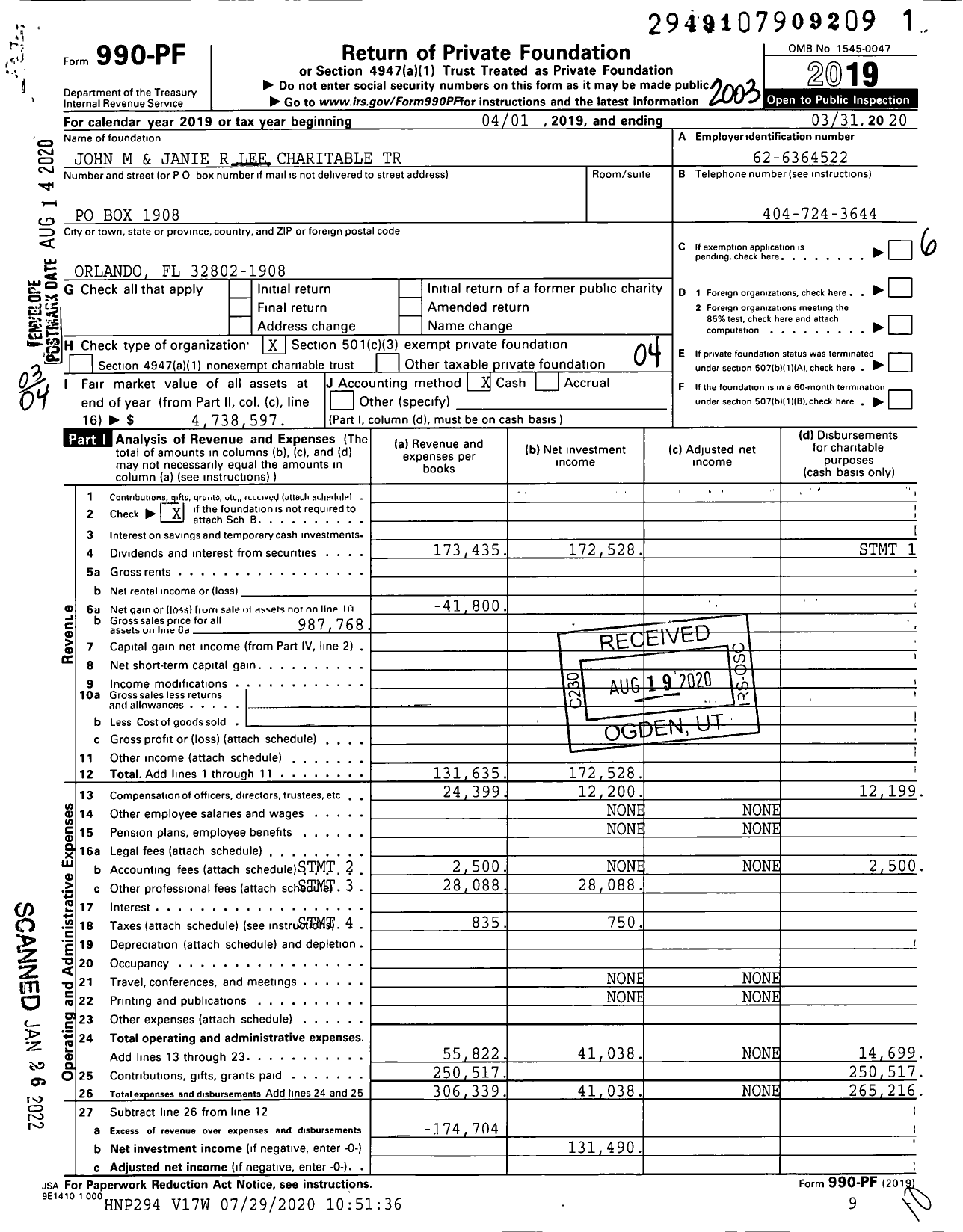 Image of first page of 2019 Form 990PF for John Moore and Janie Robinson Lee Charitable Trust