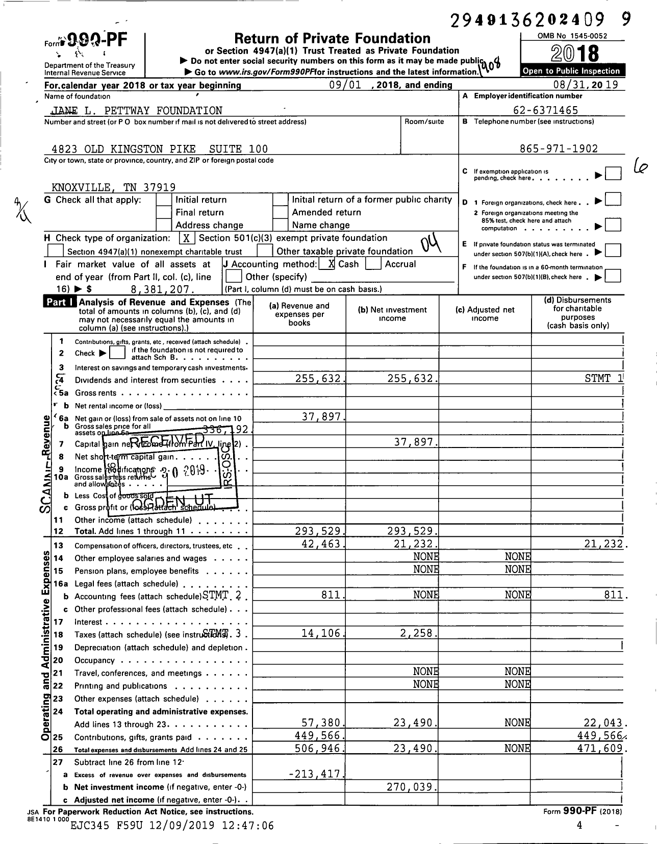 Image of first page of 2018 Form 990PR for Jane L Pettway Foundation