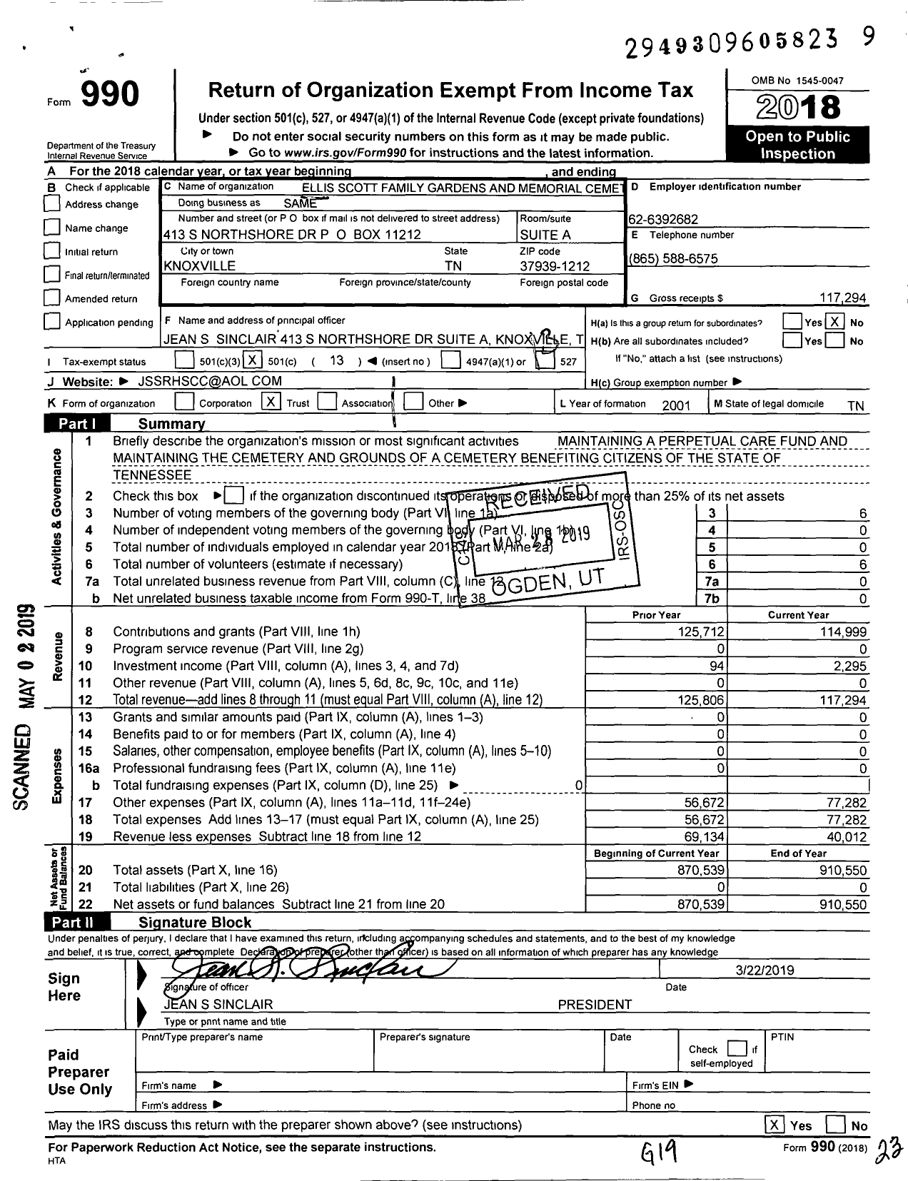 Image of first page of 2018 Form 990O for Ellis Scott Family Gardens and Memorial Cemetery Trust