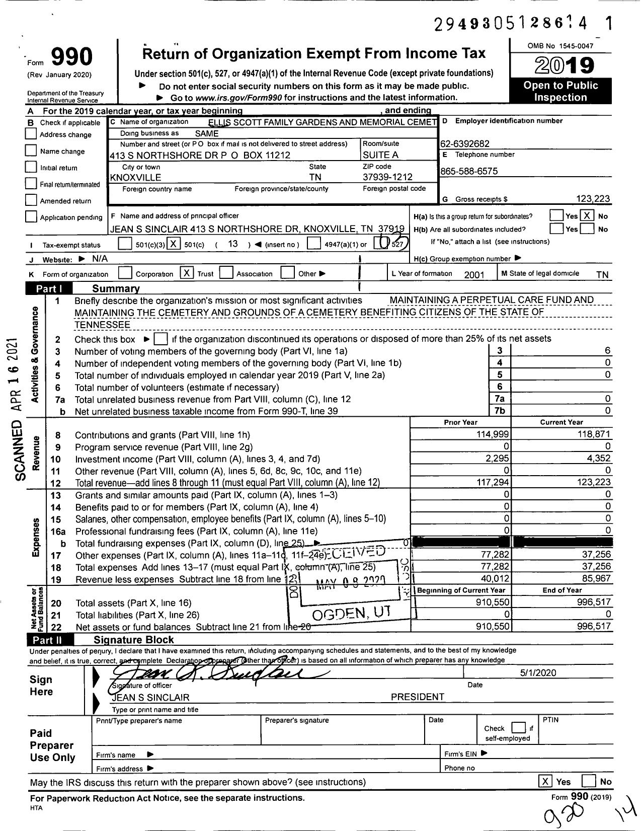 Image of first page of 2019 Form 990 for Ellis Scott Family Gardens and Memorial Cemetery Trust