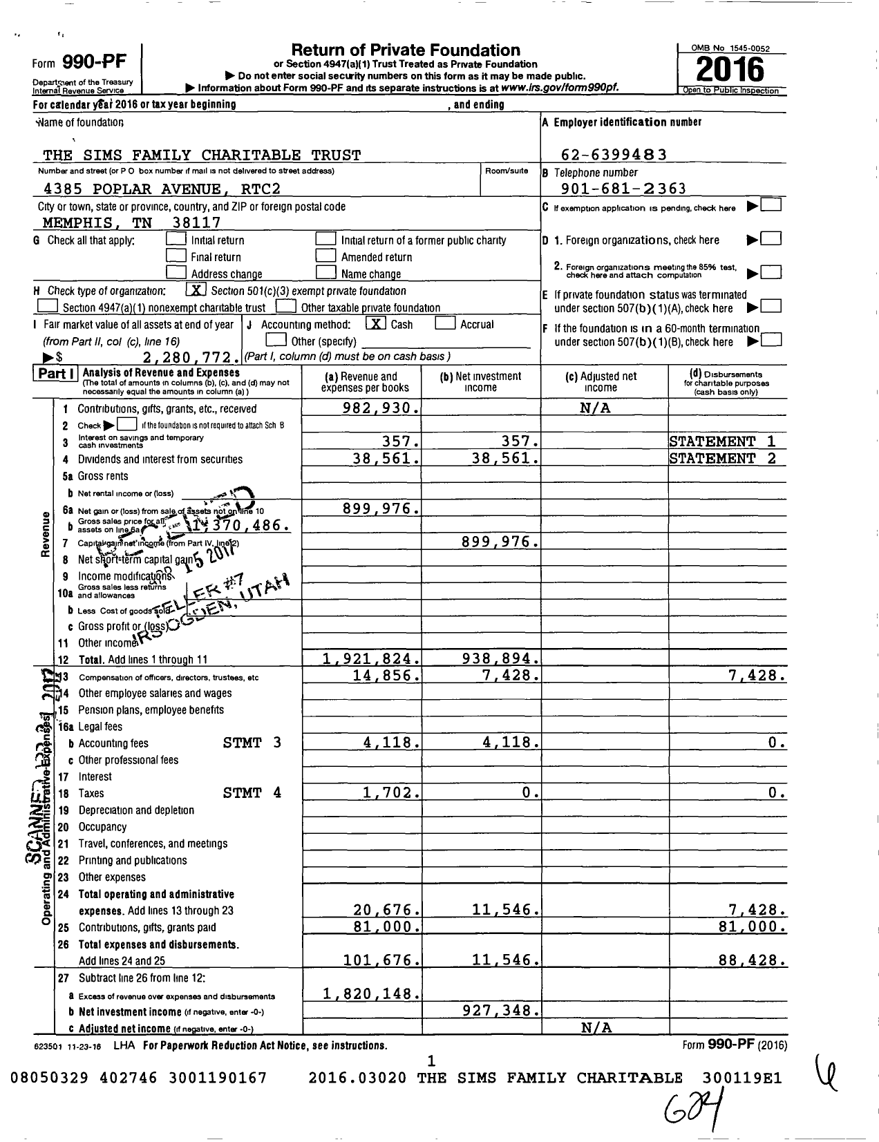 Image of first page of 2016 Form 990PF for The Sims Family Charitable Trust