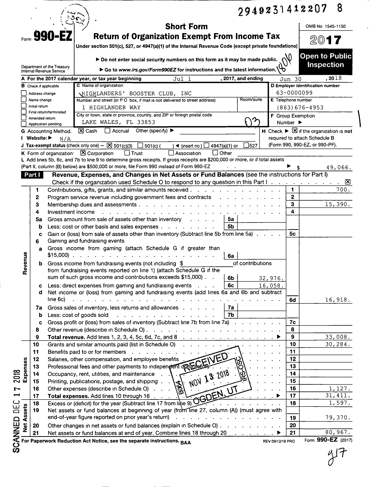 Image of first page of 2017 Form 990EZ for Highlanders' Booster Club