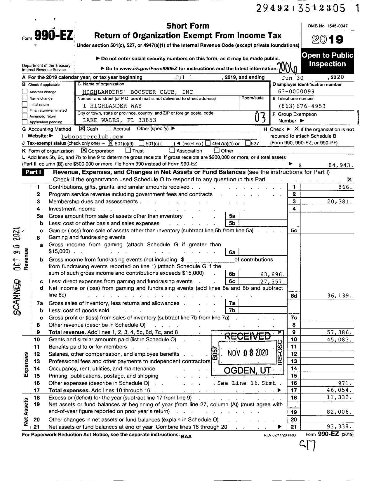 Image of first page of 2019 Form 990EZ for Highlanders' Booster Club