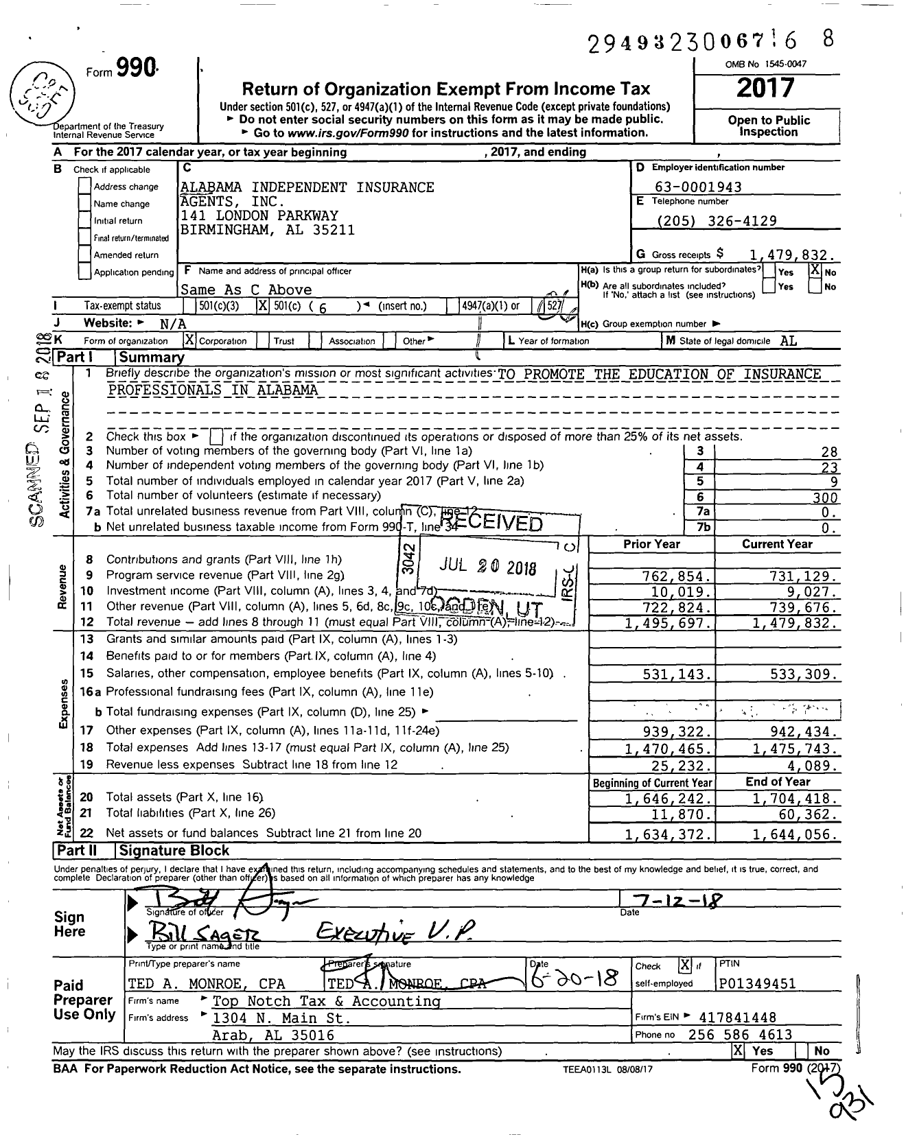 Image of first page of 2017 Form 990O for Alabama Independent Insurance Agents (AIIA)