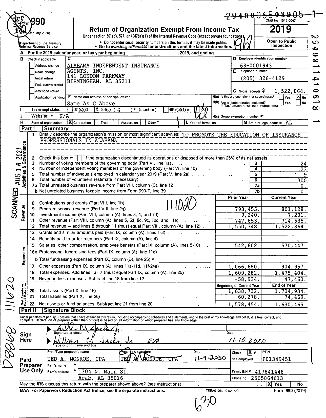 Image of first page of 2019 Form 990O for Alabama Independent Insurance Agents (AIIA)