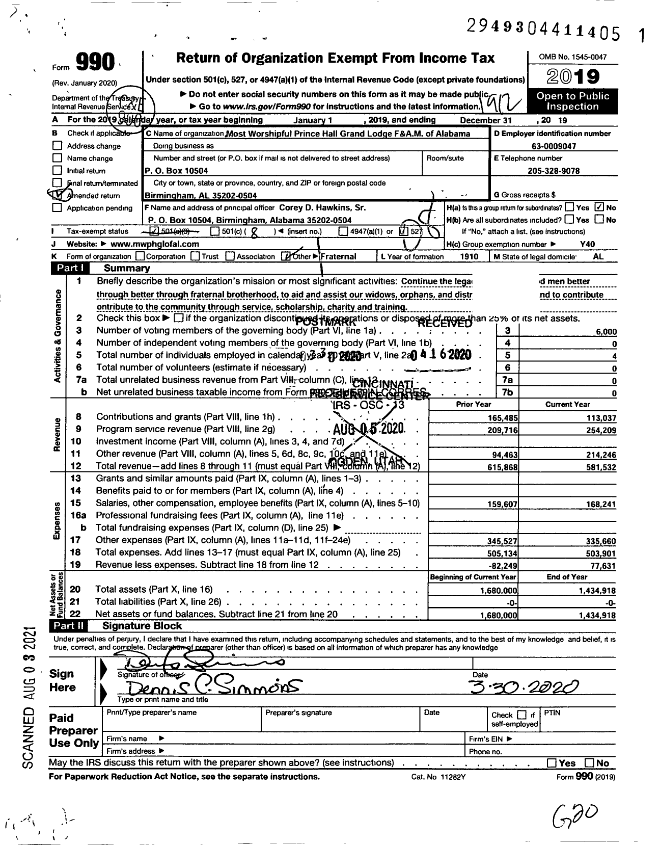 Image of first page of 2019 Form 990O for Most Worshipful Prince Hall Grand Lodge F and Am M of Alabama