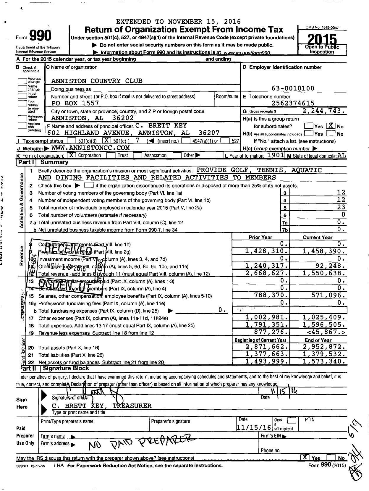 Image of first page of 2015 Form 990O for Anniston Country Club