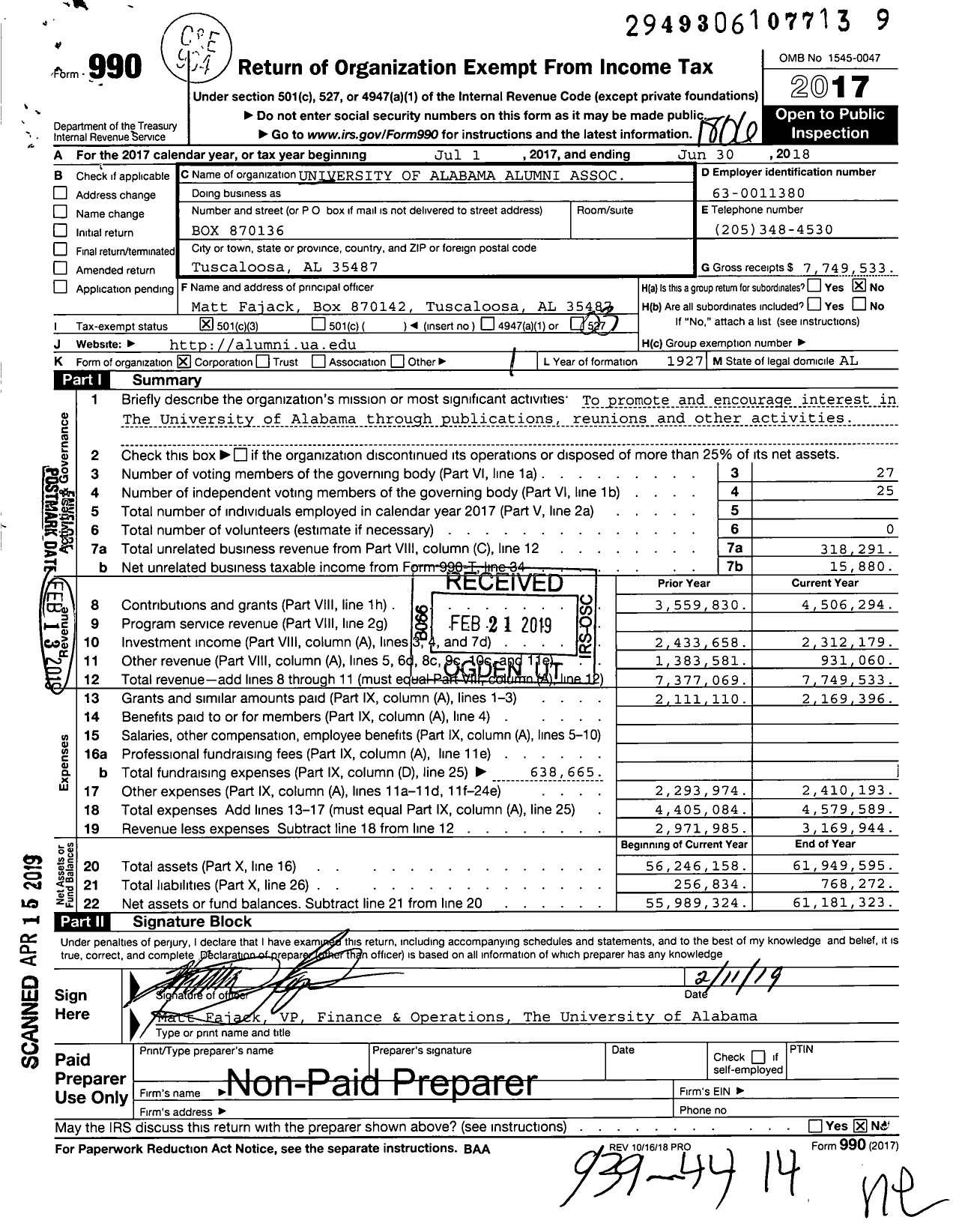 Image of first page of 2017 Form 990 for University of Alabama Alumni Association