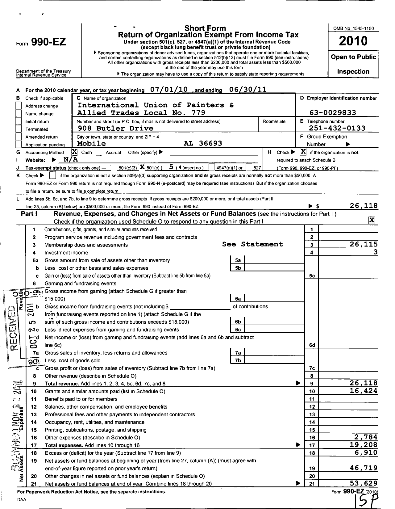 Image of first page of 2010 Form 990EO for International Union of Painters and Allied Trades - 779 Painters Local Union