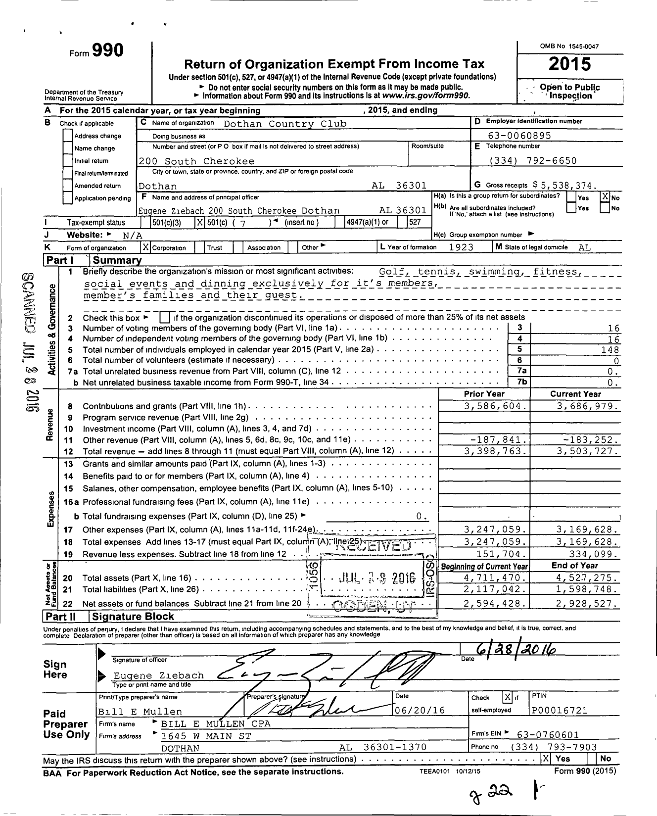 Image of first page of 2015 Form 990O for Dothan Country Club