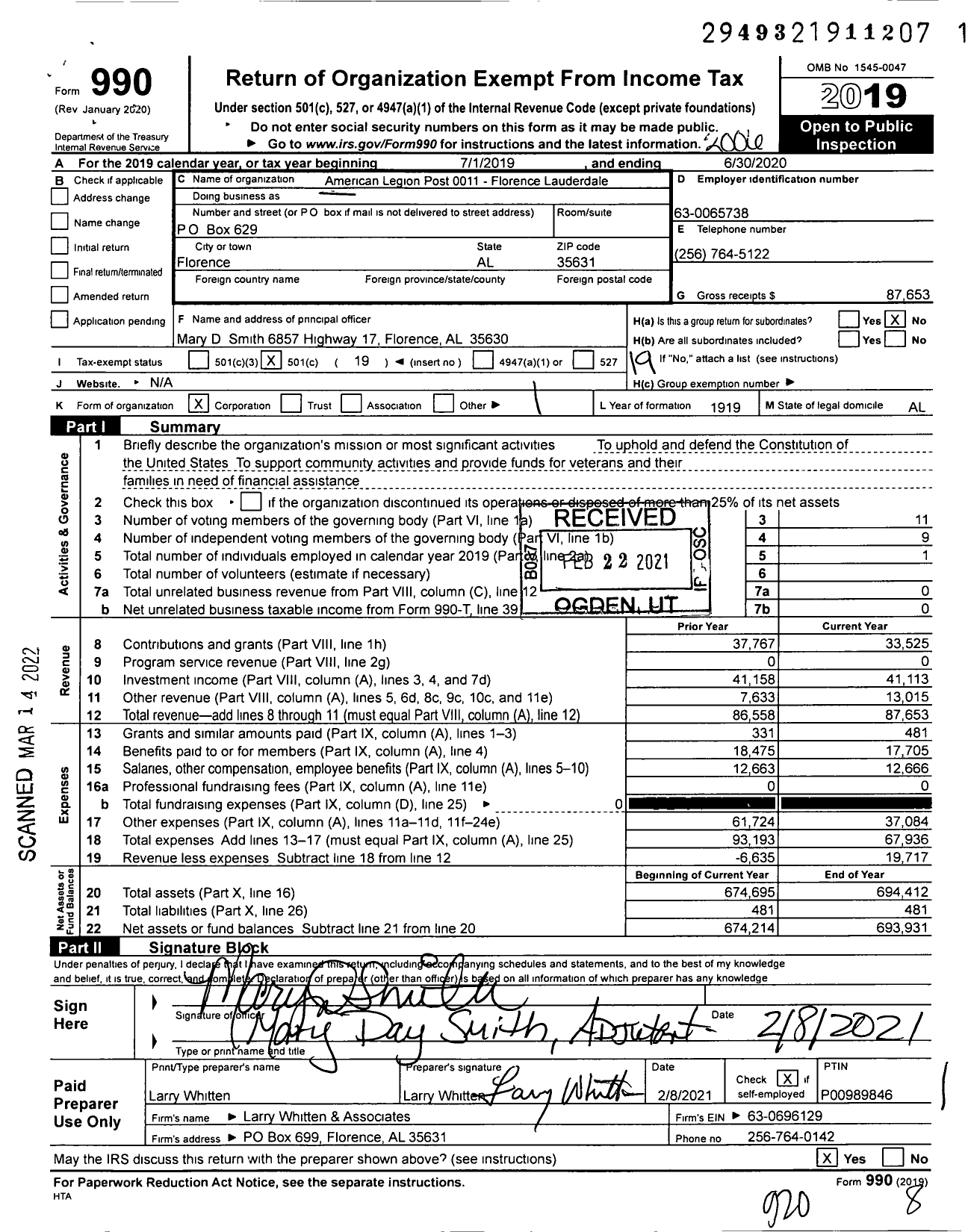 Image of first page of 2019 Form 990O for American Legion - 11 Florence Lauderdale Al Post