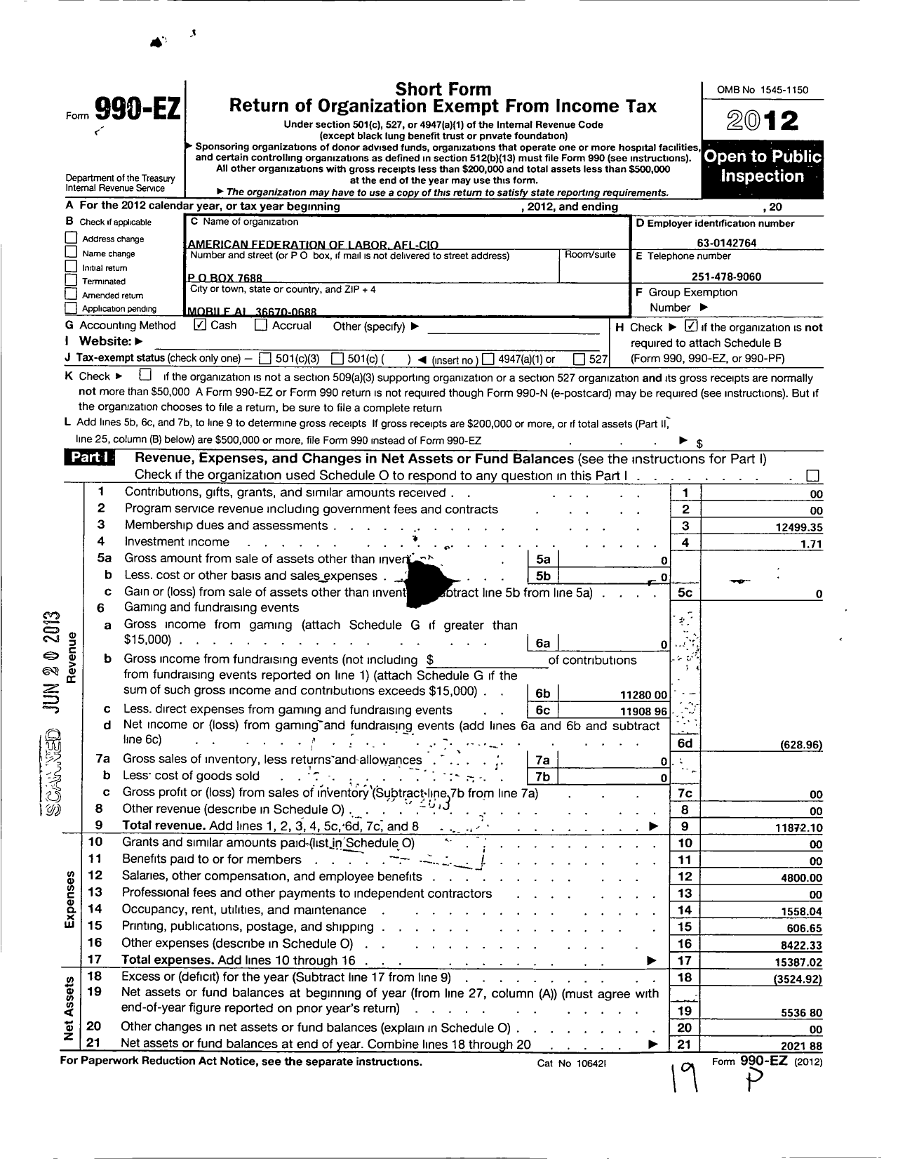 Image of first page of 2012 Form 990EO for AFL-CIO - SW Alabama Labor Council