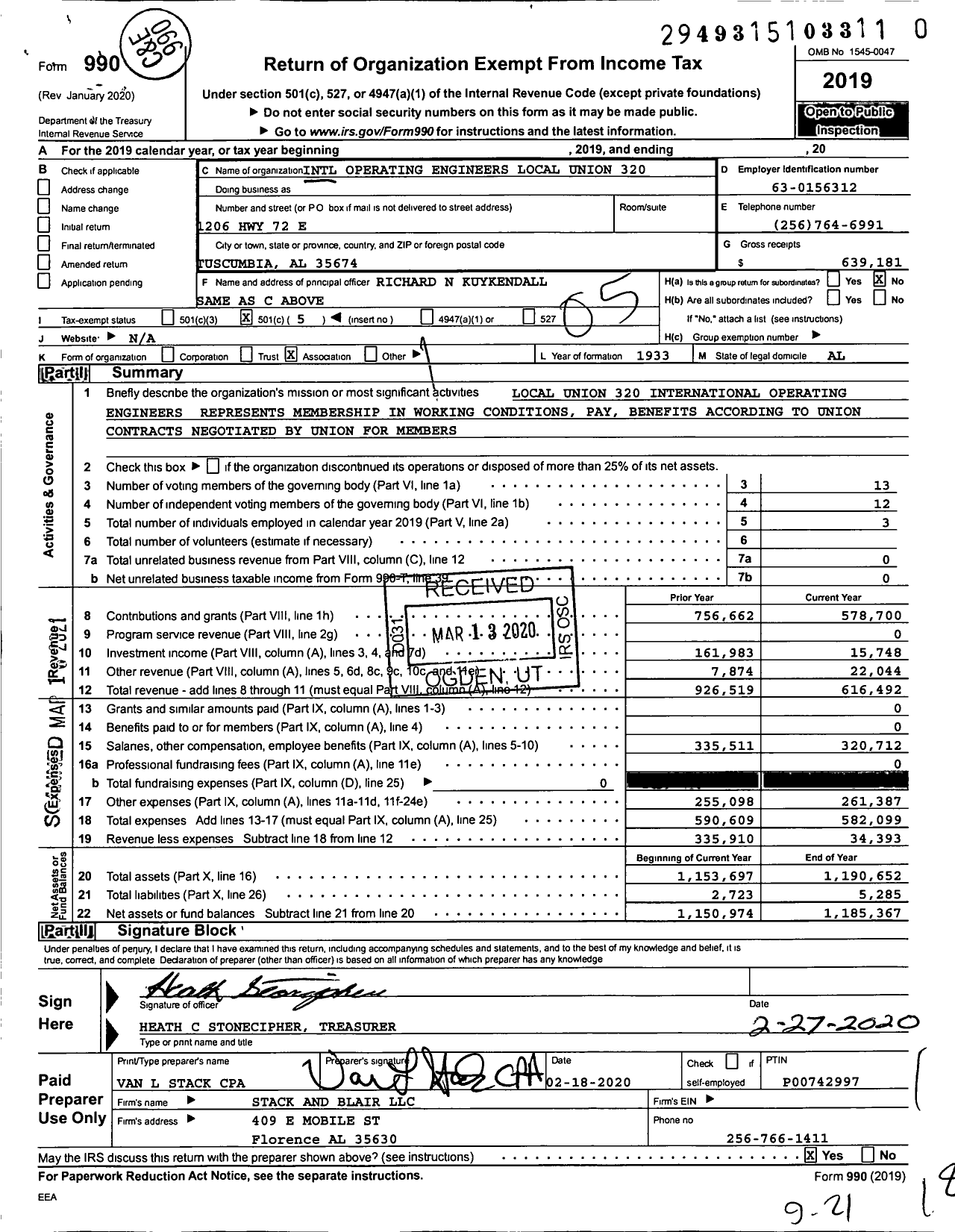 Image of first page of 2019 Form 990O for Operating Engineers Union 320