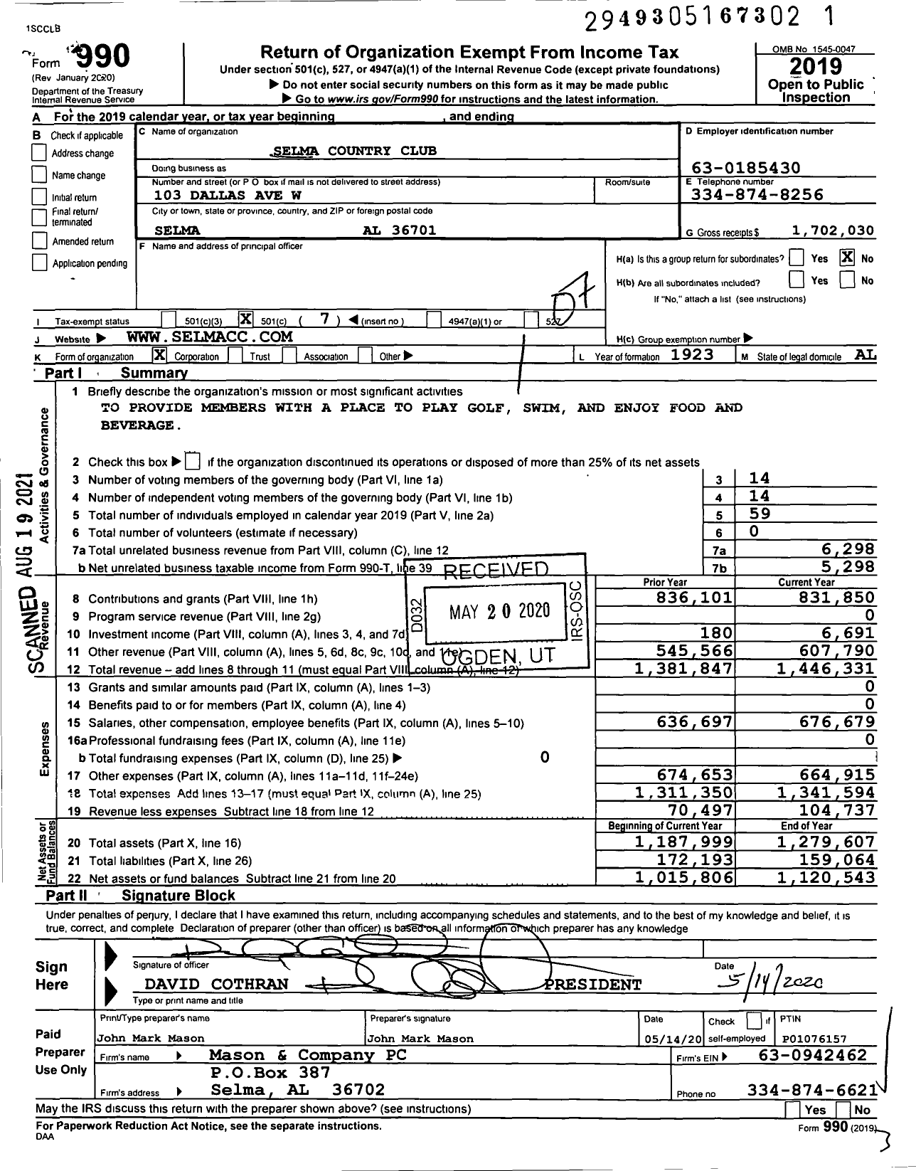 Image of first page of 2019 Form 990O for Selma Country Club