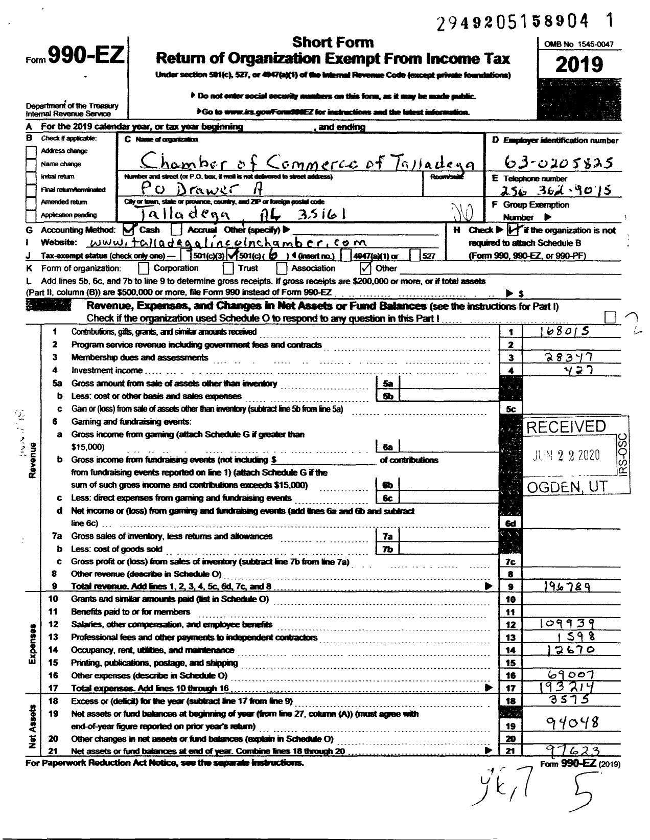 Image of first page of 2019 Form 990EO for Chamber of Commerce of Talladega