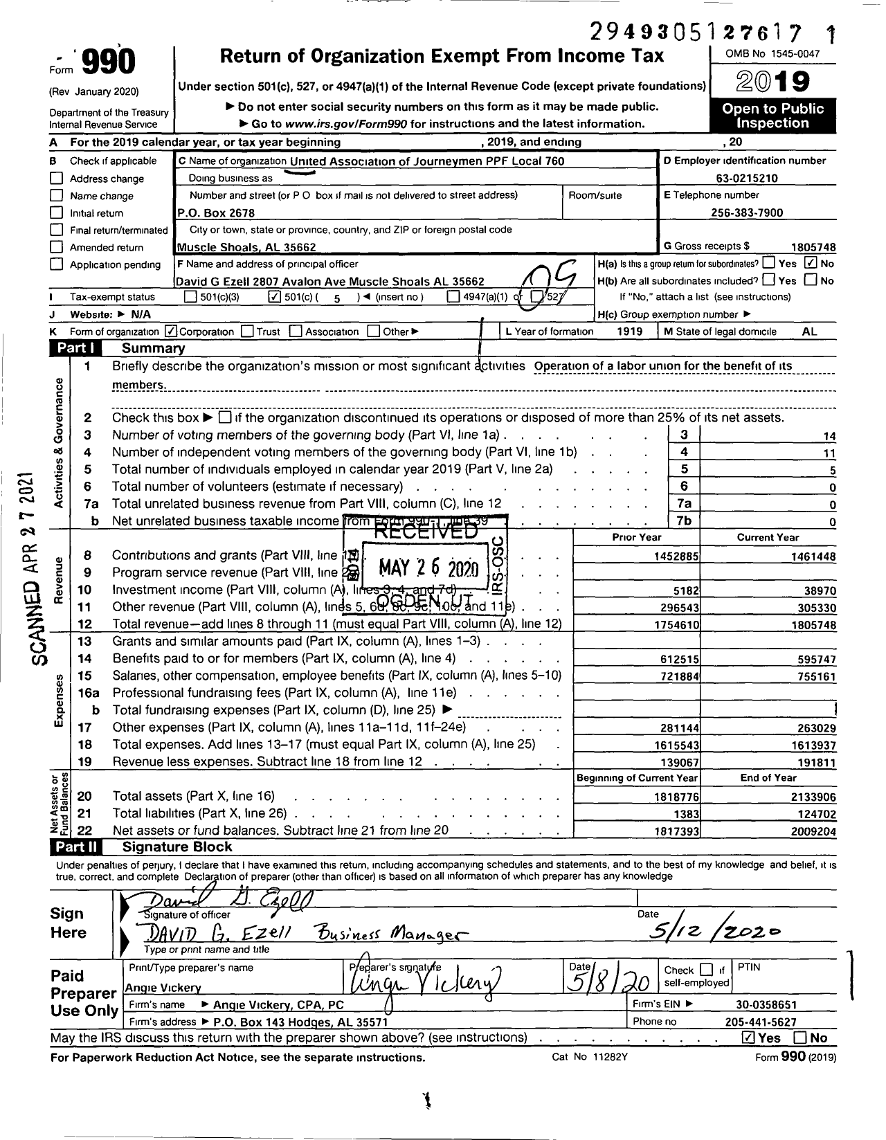 Image of first page of 2019 Form 990O for United Association - Local 760