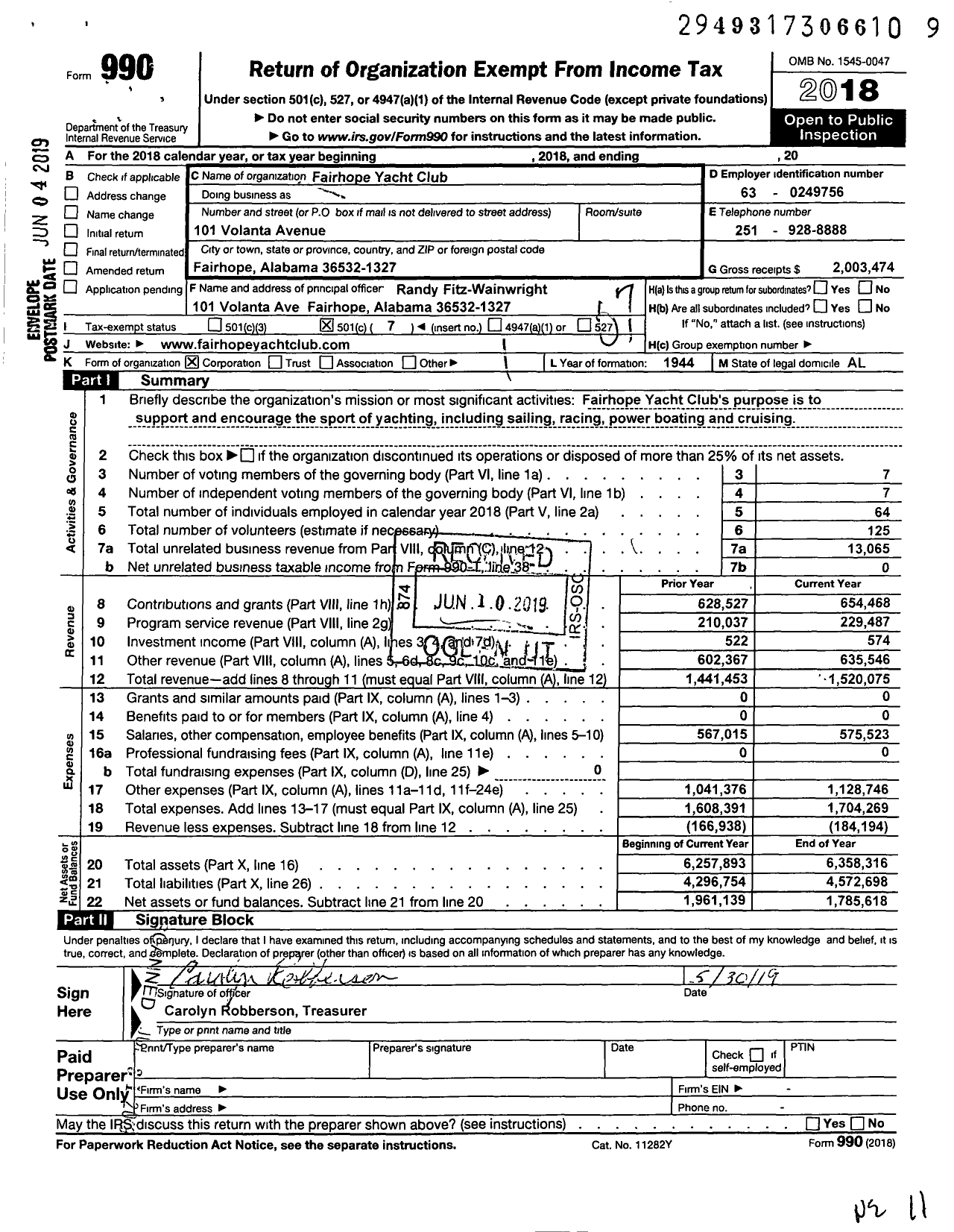 Image of first page of 2018 Form 990O for Fairhope Yacht Club