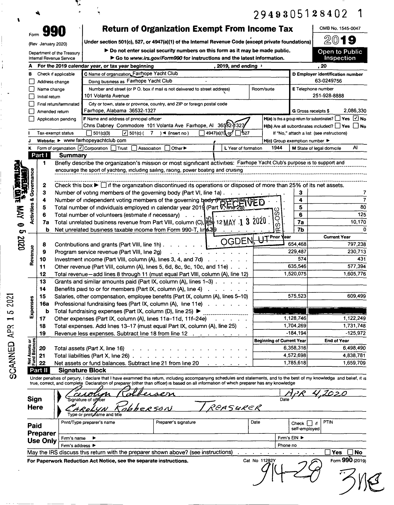 Image of first page of 2019 Form 990O for Fairhope Yacht Club
