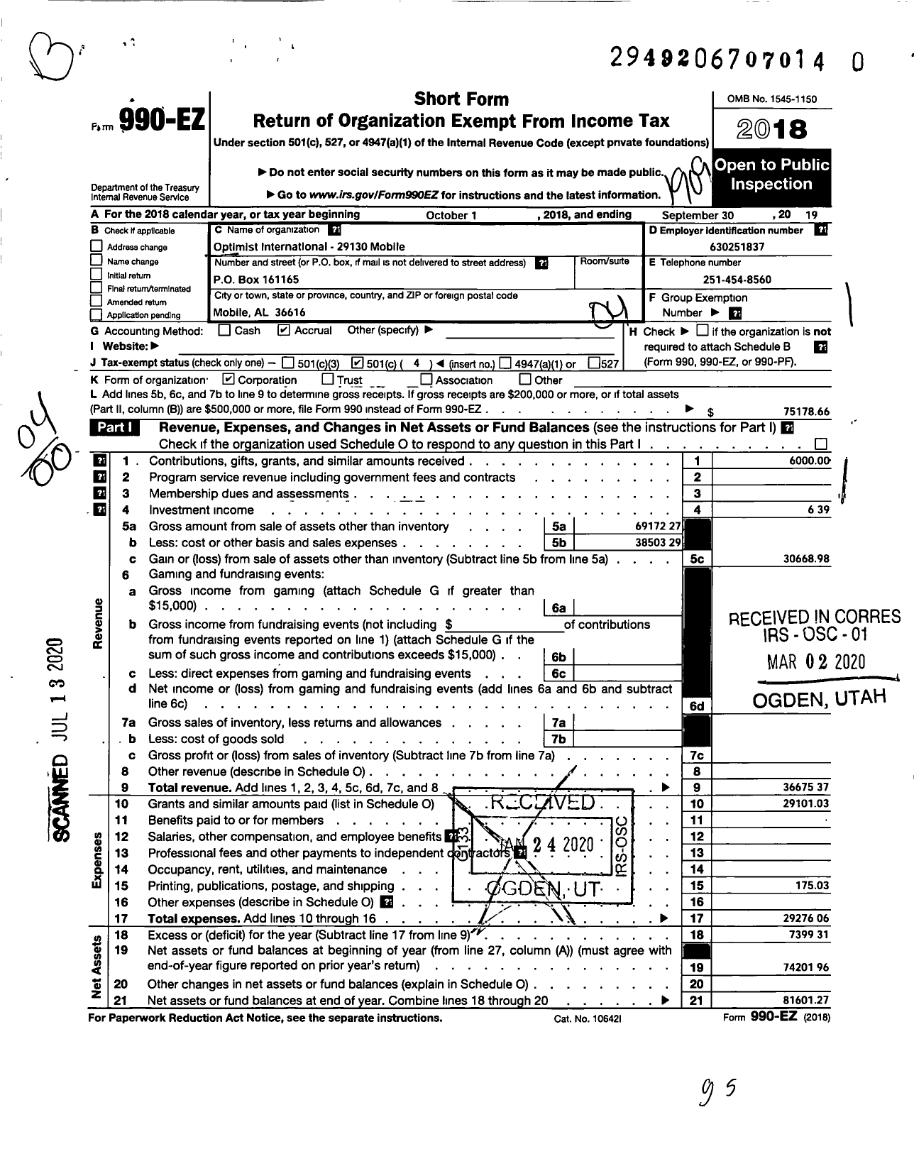 Image of first page of 2018 Form 990EO for Optimist International - 29130 Optimist Club of Mobile Al