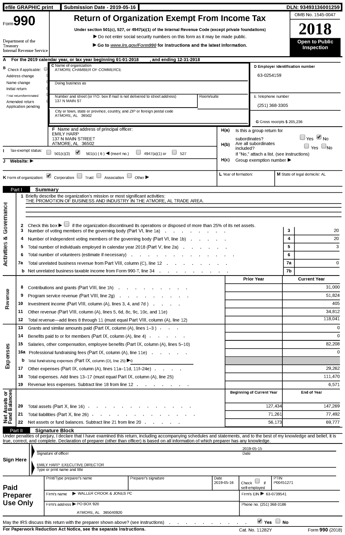 Image of first page of 2018 Form 990 for Atmore Chamber of Commerce