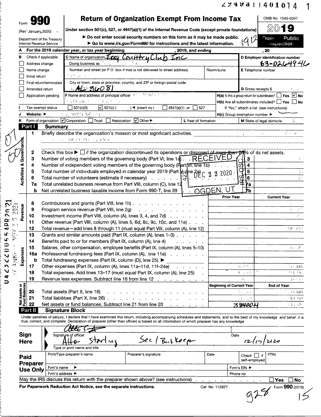 Image of first page of 2019 Form 990O for Troy Country Club