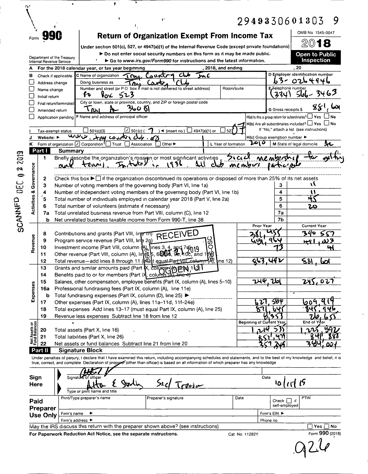 Image of first page of 2018 Form 990O for Troy Country Club