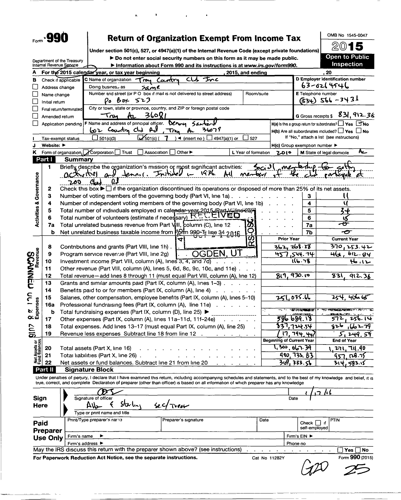 Image of first page of 2015 Form 990O for Troy Country Club