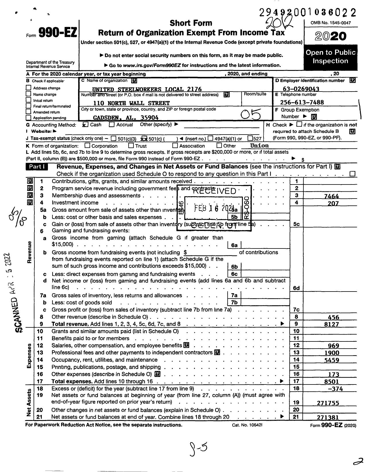 Image of first page of 2020 Form 990EO for United Steelworkers Local 2176