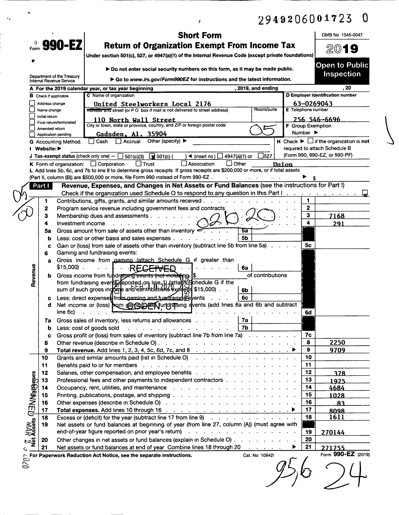 Image of first page of 2019 Form 990EO for United Steelworkers Local 2176