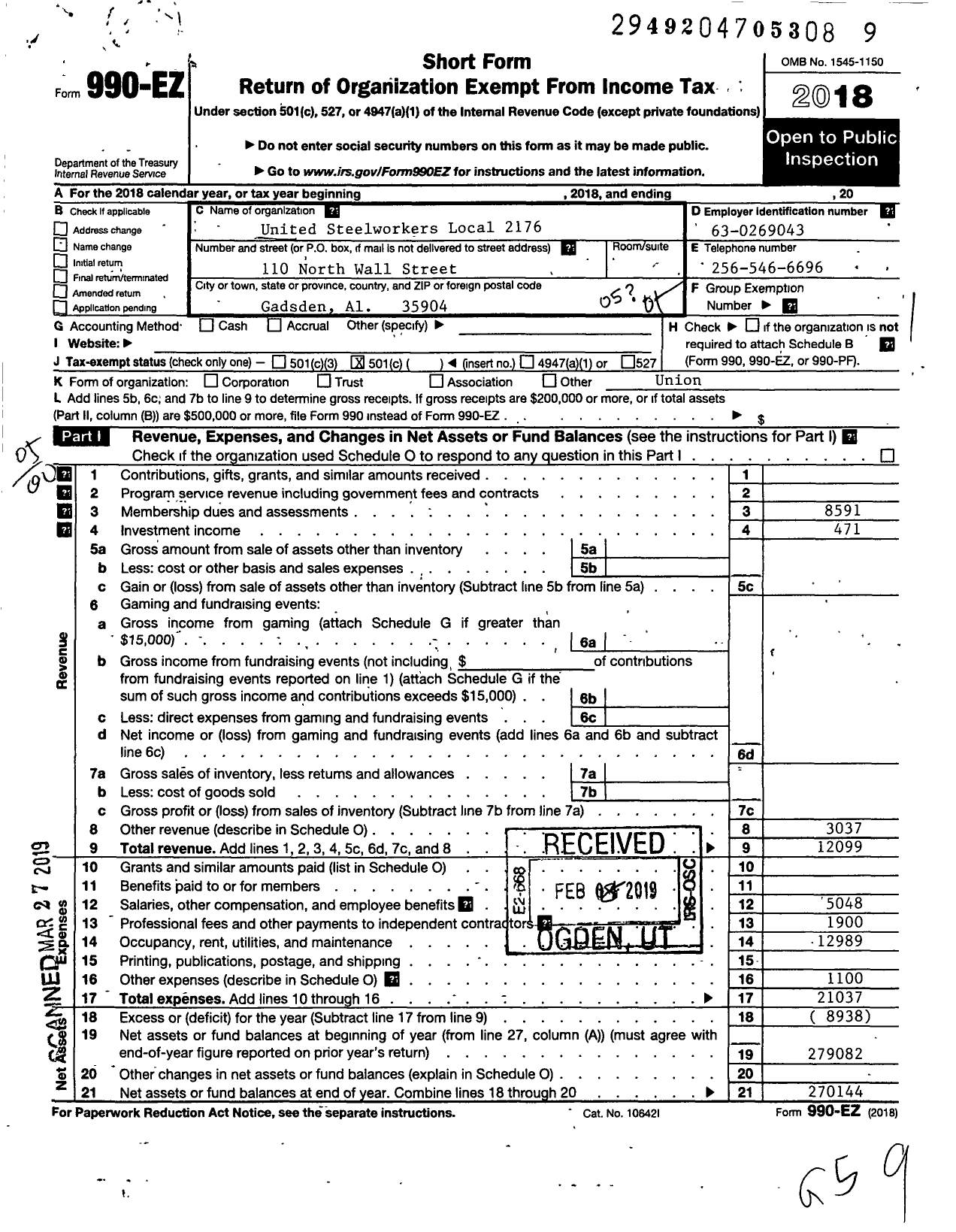 Image of first page of 2018 Form 990EO for United Steelworkers Local 2176