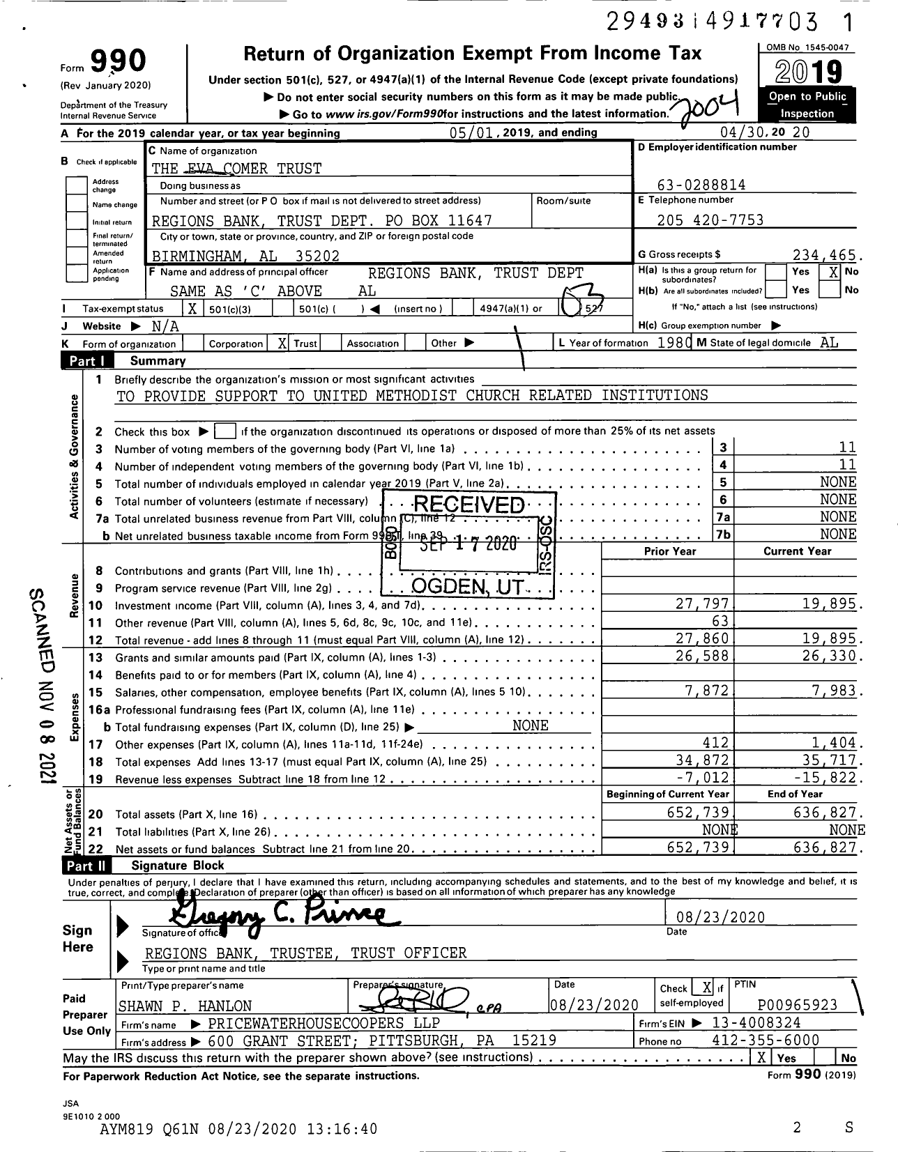 Image of first page of 2019 Form 990 for The Eva Comer Trust