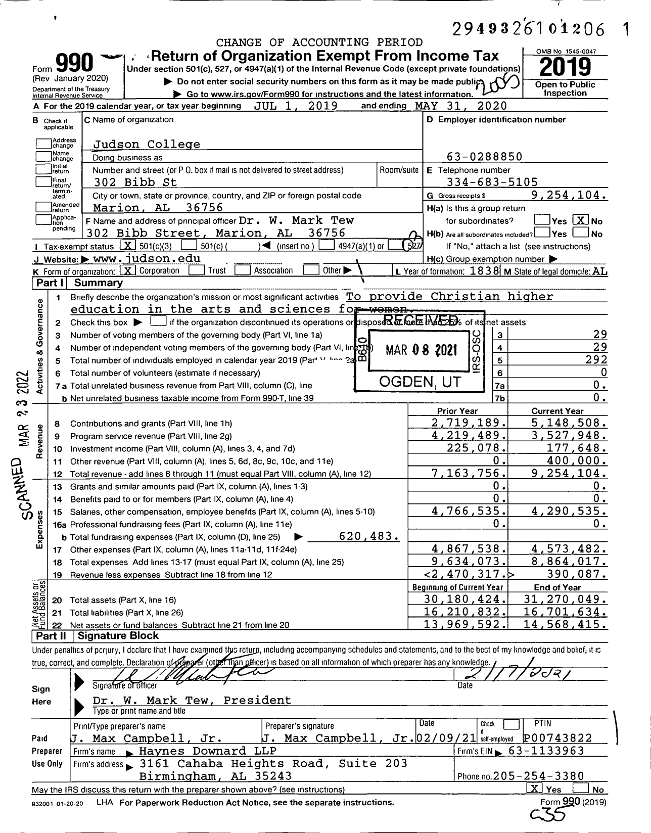 Image of first page of 2019 Form 990 for Judson College