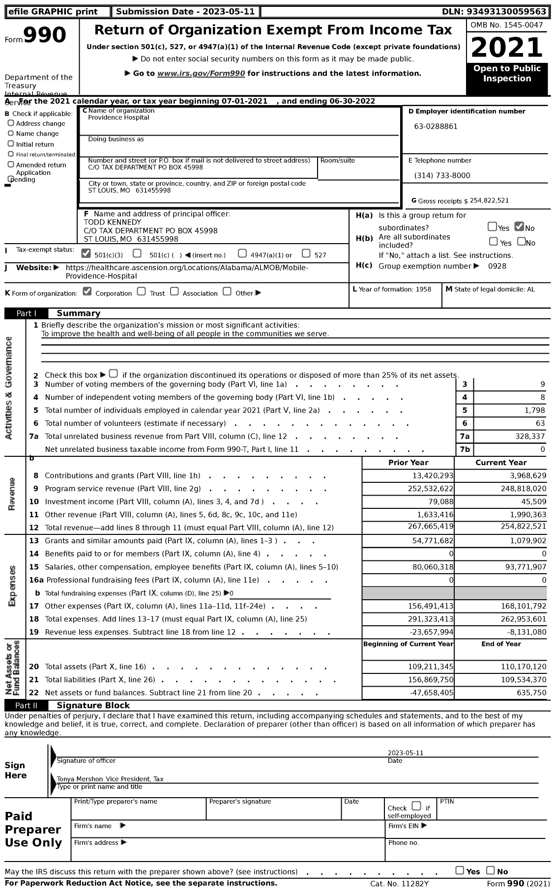 Image of first page of 2021 Form 990 for Providence Hospital