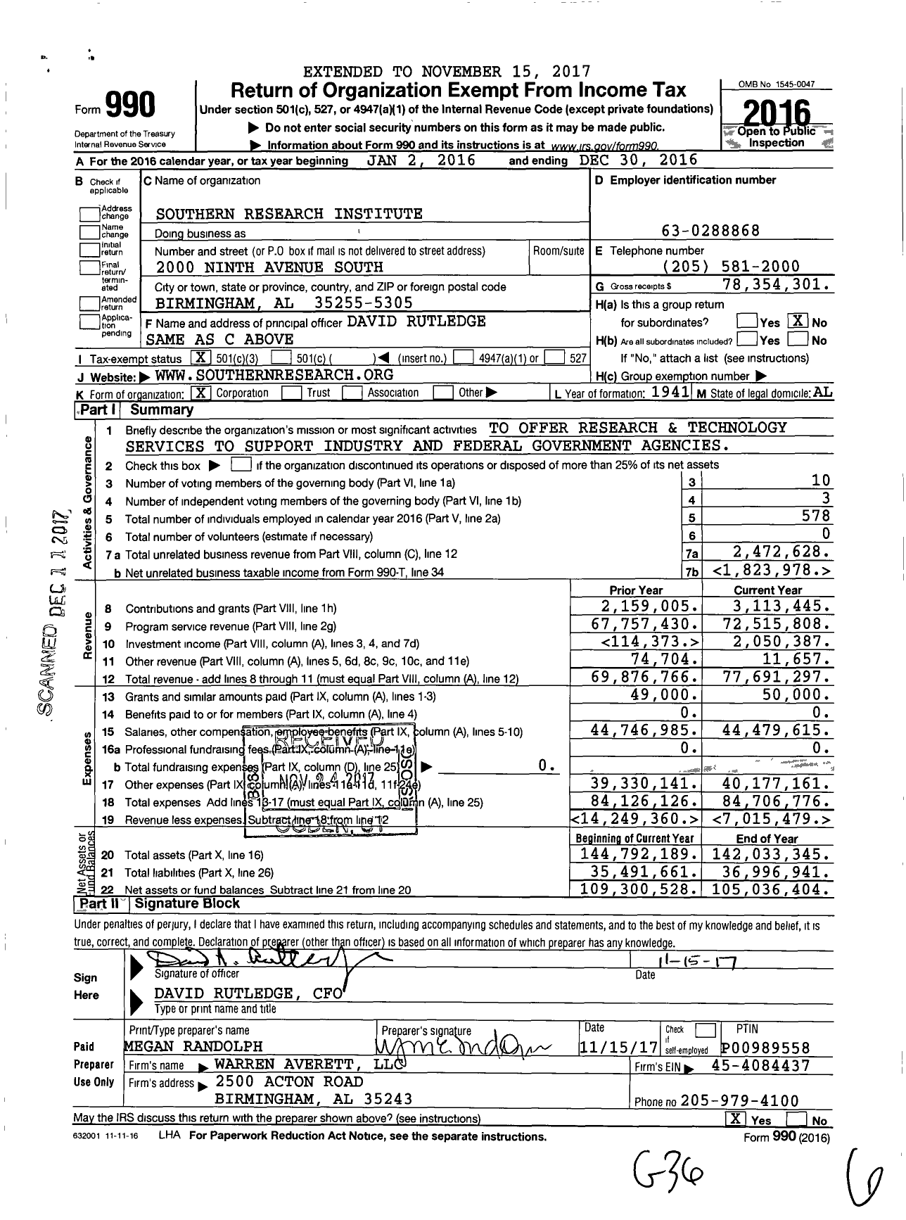 Image of first page of 2016 Form 990 for Southern Research Institute
