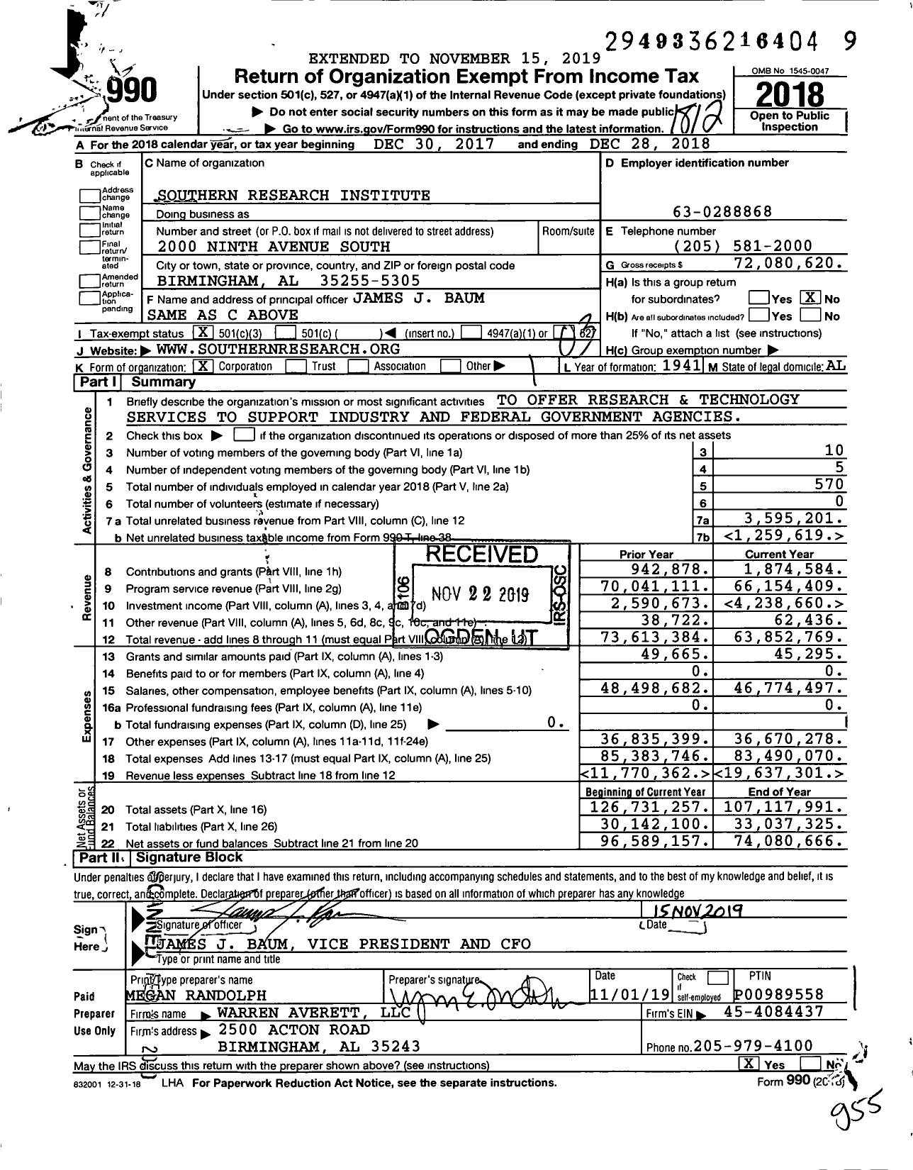 Image of first page of 2018 Form 990 for Southern Research Institute