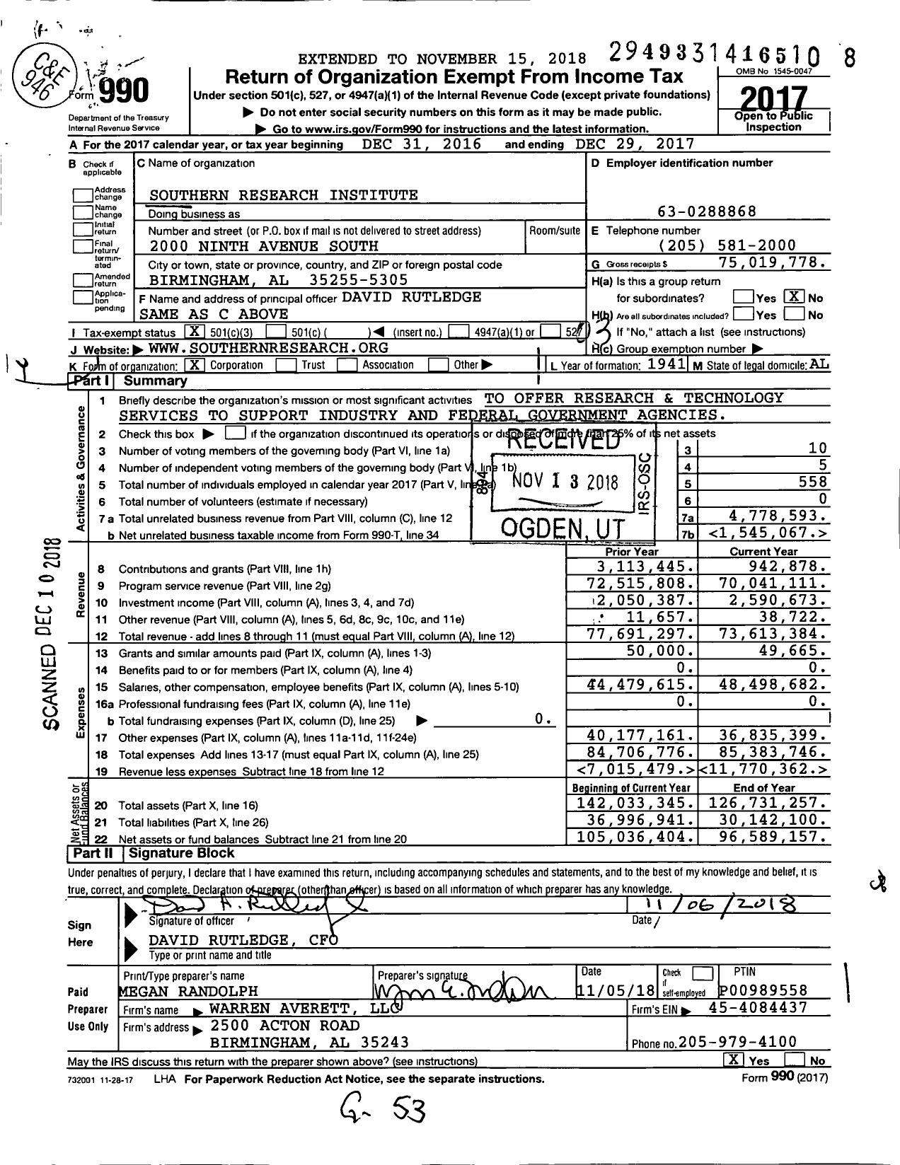 Image of first page of 2017 Form 990 for Southern Research Institute